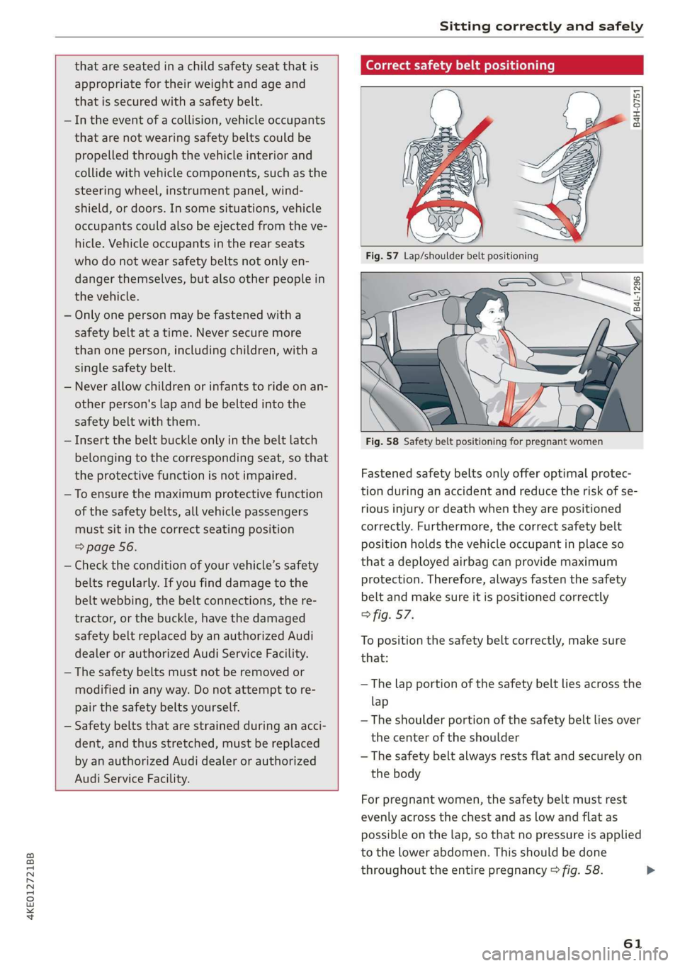 AUDI E-TRON 2019  Owners Manual 4KE012721BB 
Sitting correctly and safely 
  
  
  
that are seated in a child safety seat that is 
appropriate for their weight and age and 
that is secured with a safety belt. 
In the event of a col