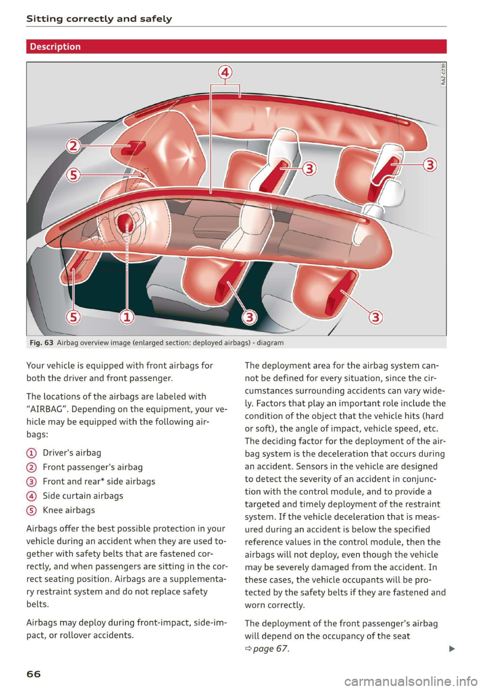 AUDI E-TRON 2019  Owners Manual Sitting correctly and safely 
  
Description   
  
      
RAZ-0239 
  
Fig. 63 Airbag overview image (enlarged section: deployed airbags) - diagram 
Your vehicle is equipped with front airbags for 
bo