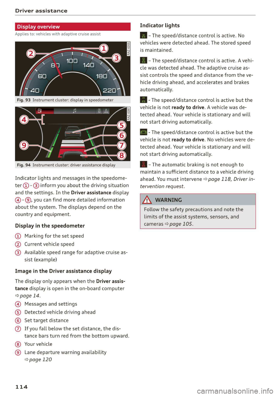 AUDI Q3 2020 Owners Manual Driver assistance
PYRE aad (ai)
Applies to: vehicles with adaptive cruise assist
2 S
Sy e ee
RAZ-0397
Fig. 94 Instrument cluster: driver assistance display
Indicator lights and messages AUDI Q3 2020 Owners Manual Driver assistance
PYRE aad (ai)
Applies to: vehicles with adaptive cruise assist
2 S
Sy e ee
RAZ-0397
Fig. 94 Instrument cluster: driver assistance display
Indicator lights and messages