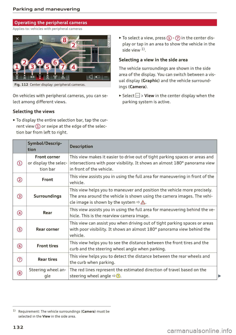 AUDI Q3 2020 Owners Manual Parking and maneuvering
Operating the peripheral cameras
Applies to: vehicles with peripheral cameras
Fig. 112 Center display: peripheral cameras.
On vehicles with peripheral cameras, you can s AUDI Q3 2020 Owners Manual Parking and maneuvering
Operating the peripheral cameras
Applies to: vehicles with peripheral cameras
Fig. 112 Center display: peripheral cameras.
On vehicles with peripheral cameras, you can s