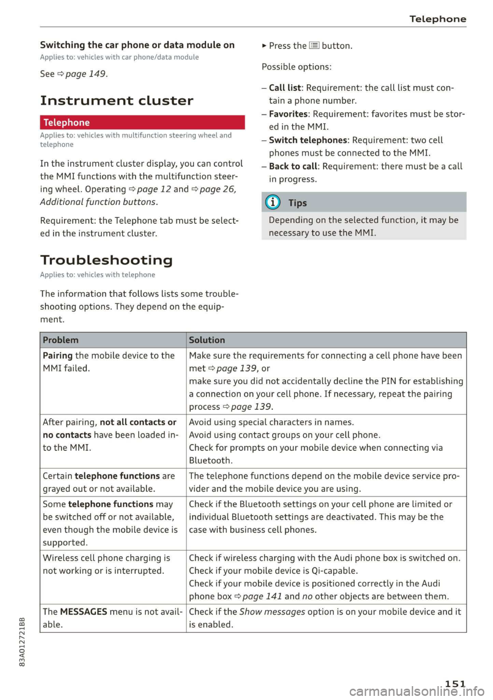 AUDI Q3 2020  Owners Manual 83A012721BB 
Telephone 
  
Switching the car phone or data module on > Press the [=] button. 
Applies to: vehicles with car phone/data module 
See > page 149. 
Instrument cluster 
Telephone 
Applies t