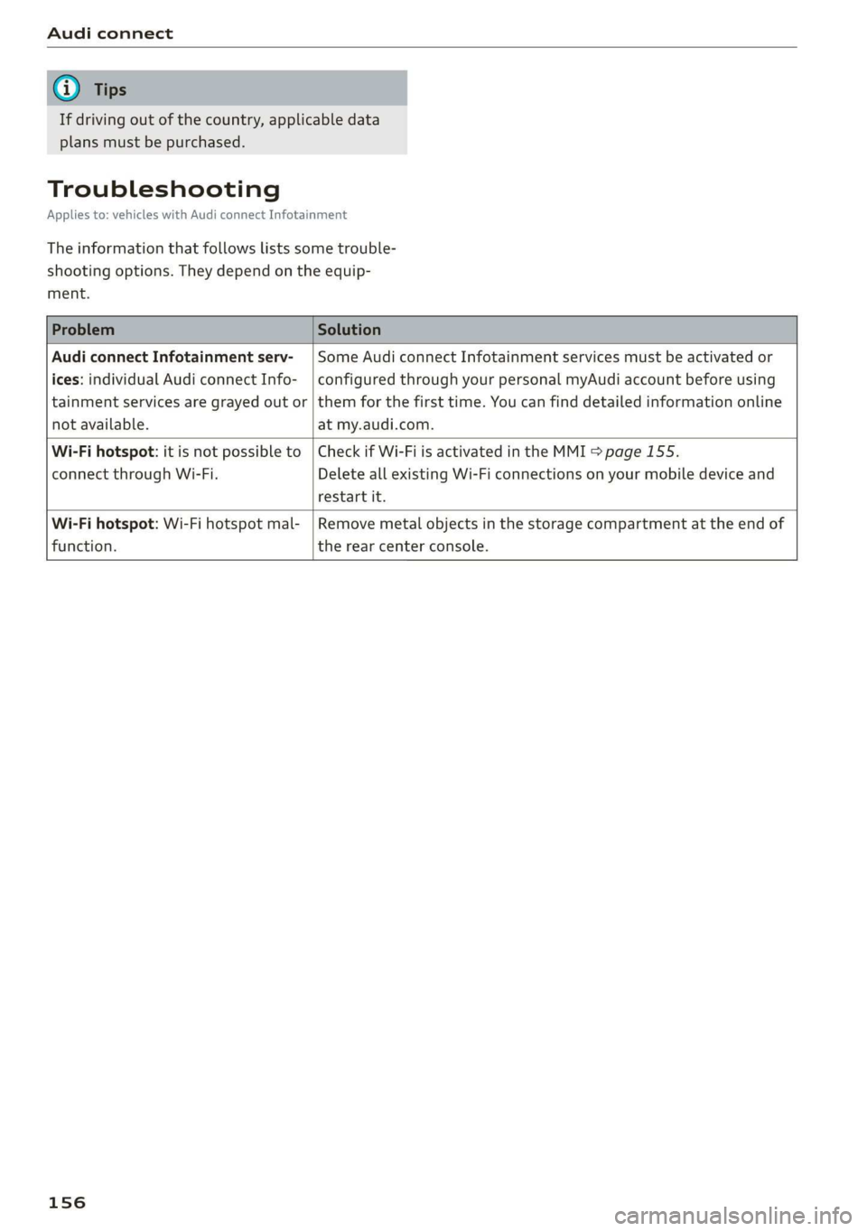 AUDI Q3 2020 Owners Manual Audi connect
If driving out of the country, applicable data
plans must be purchased.
Troubleshooting
Applies to: vehicles with Audi connect Infotainment
The information that follows lists som AUDI Q3 2020 Owners Manual Audi connect
If driving out of the country, applicable data
plans must be purchased.
Troubleshooting
Applies to: vehicles with Audi connect Infotainment
The information that follows lists som