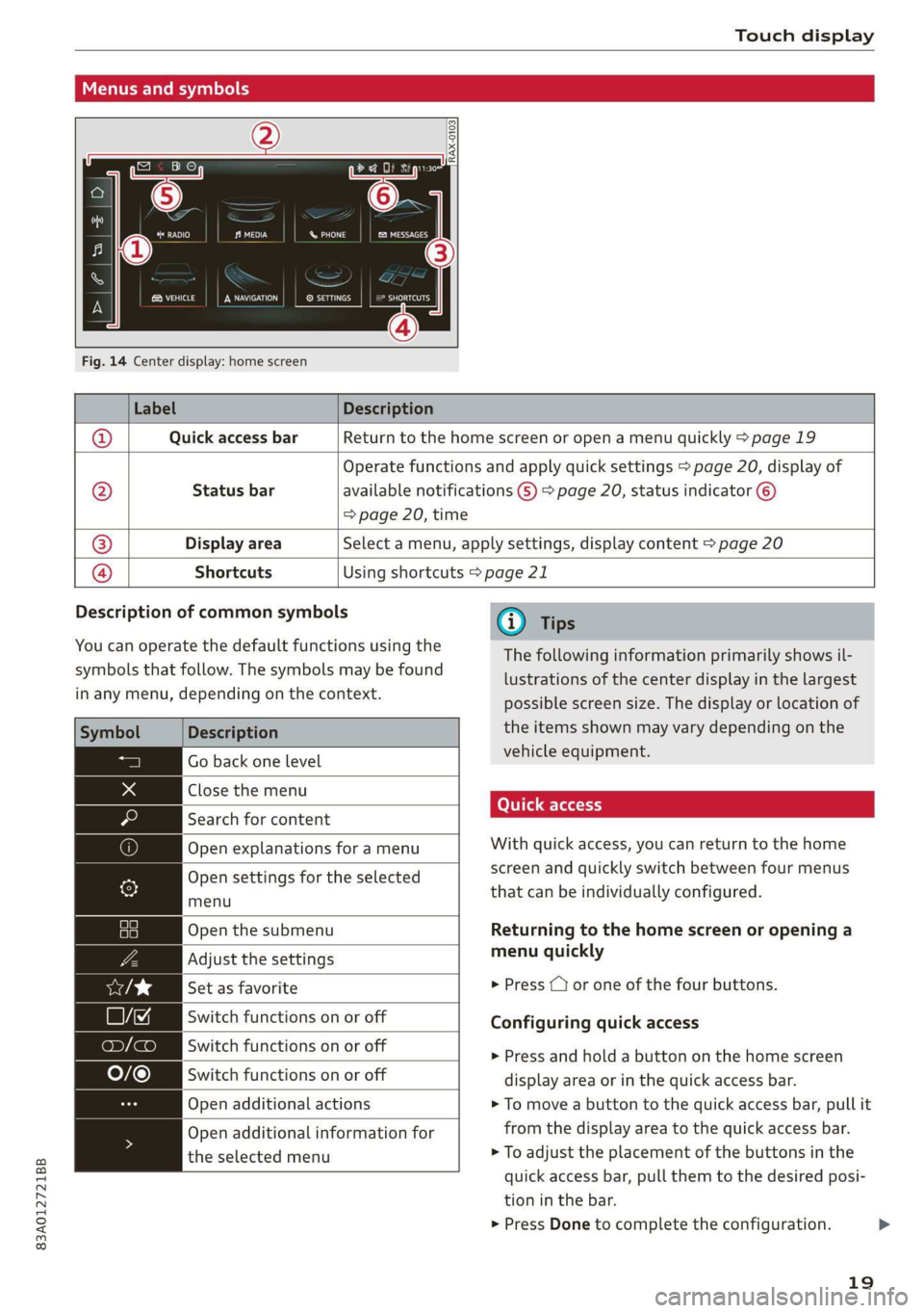 AUDI Q3 2020 Owners Manual 83A012721BB 
Touch display 
  
Menus and symbols 
  
ee) Pe Sian Ics} 
Maat recs 
   RAX-0103, 
    
Fig. 14 Center display: home screen 
  
Label Description 
  
Quick access bar Return to the home s