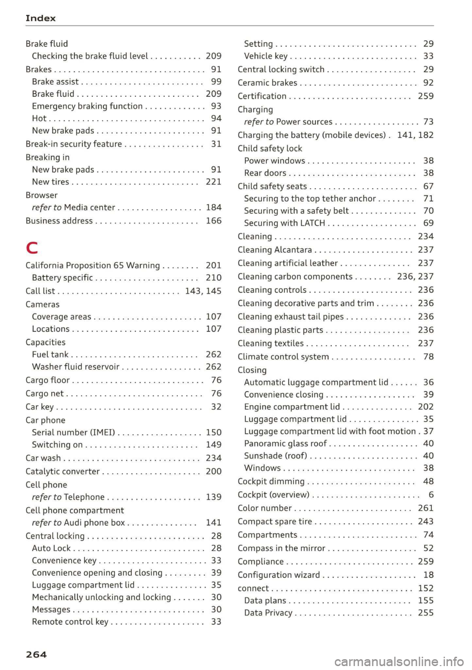 AUDI Q3 2020  Owners Manual Index 
  
Brake fluid 
Checking the brake fluid level........... 209 
Brakes... 2... eee eee 91 
BrakevassiSt': scase <  « seme 2s  ae a eee eB: 99 
Brakerflidl: «2 cso 2 assim 2 a conse oo emai