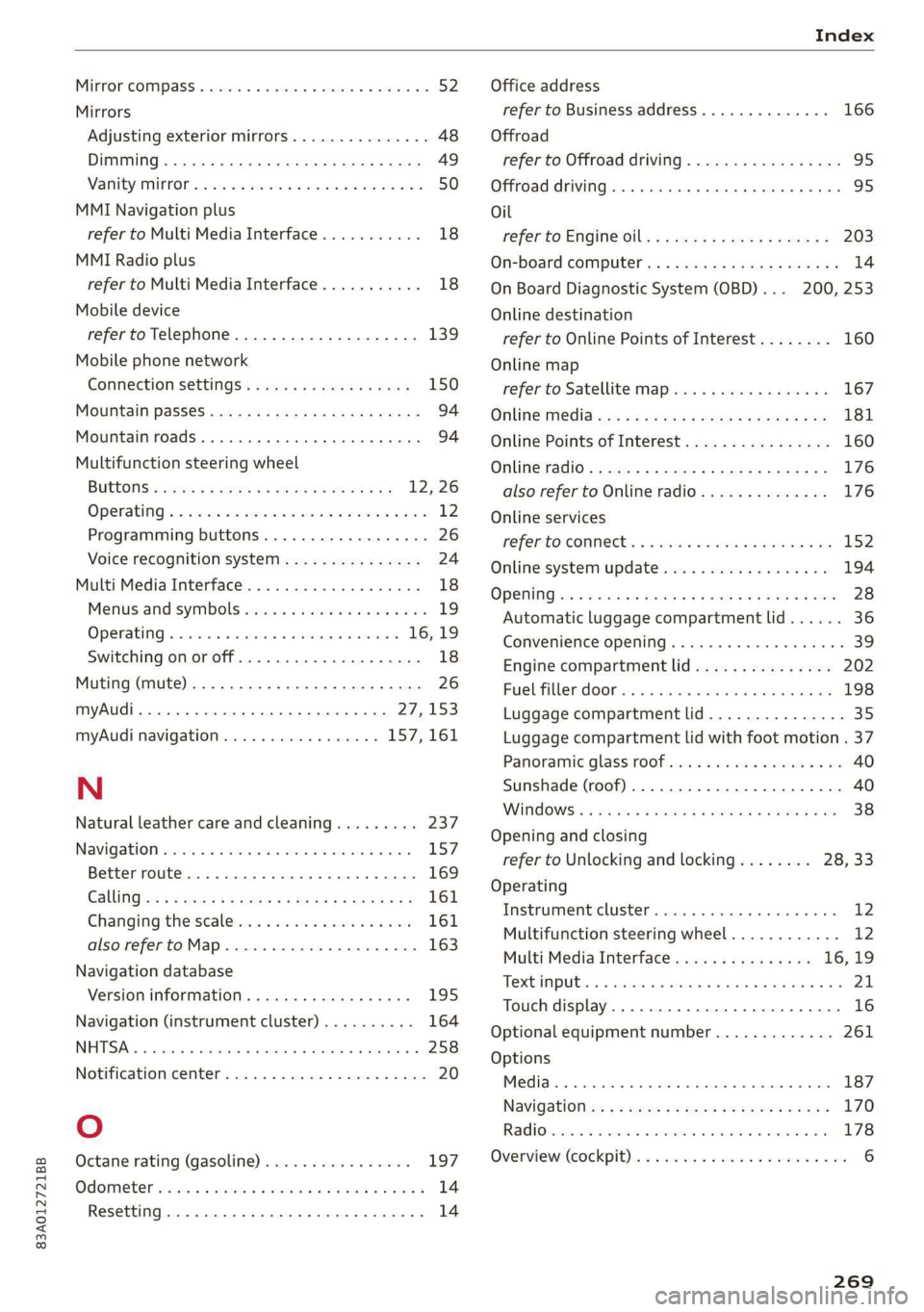 AUDI Q3 2020 Owners Manual 83A012721BB
Index
MInrOr COMPASS « ses 2s asians 4 0 wsesens oe somes 52
Mirrors
Adjusting exterior mirrors.............-. 48
DINING » scam 9 < noms ss ROR FF Ree 4b aR 49
Nanity(Mit ror AUDI Q3 2020 Owners Manual 83A012721BB
Index
MInrOr COMPASS « ses 2s asians 4 0 wsesens oe somes 52
Mirrors
Adjusting exterior mirrors.............-. 48
DINING » scam 9 < noms ss ROR FF Ree 4b aR 49
Nanity(Mit ror