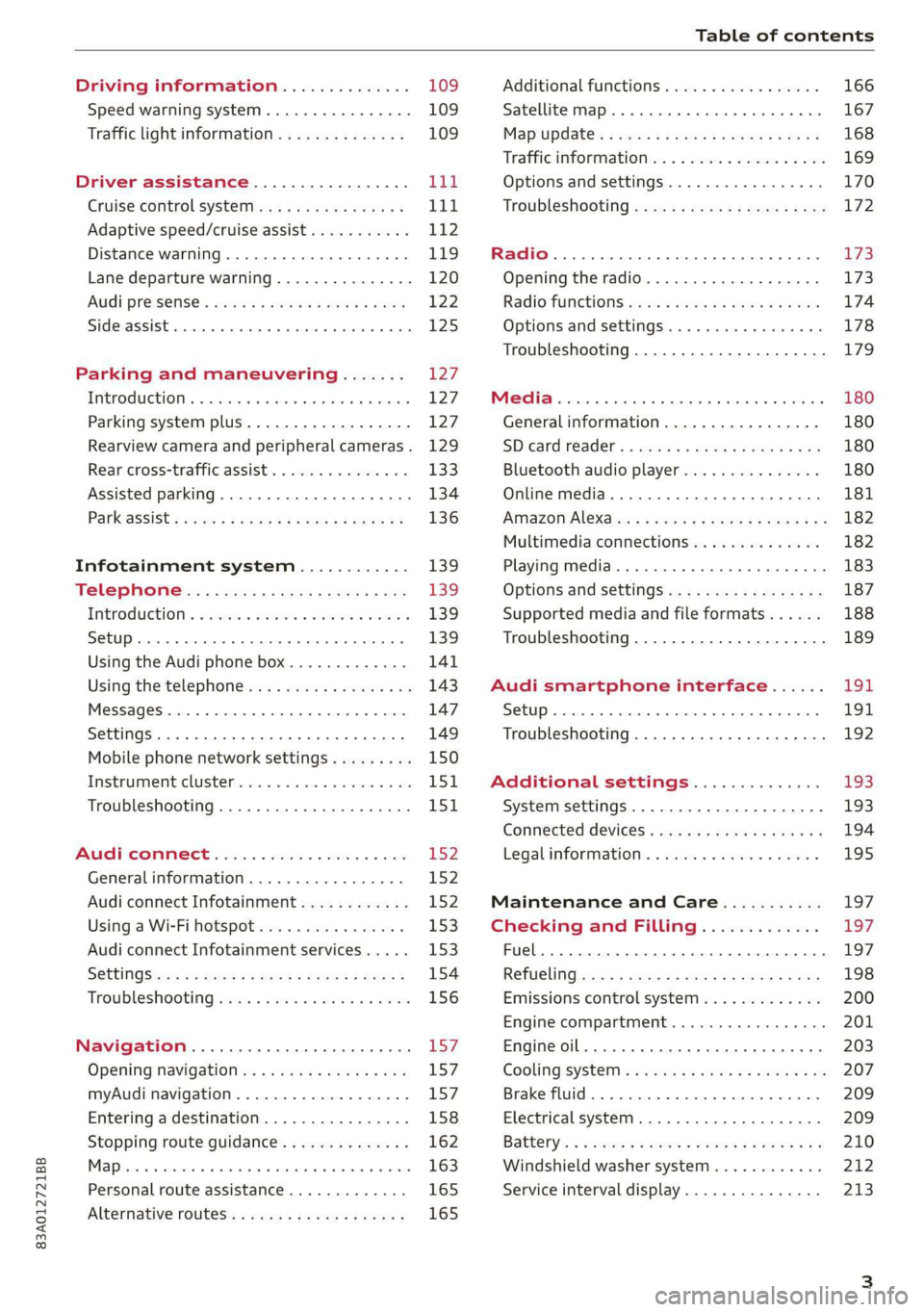 AUDI Q3 2020 Owners Manual 83A012721BB
Table of contents
Driving information.............. 109
Speed warning system.........-..000- 109
Traffic light information.............. 109
Driver assistance................. Ut
AUDI Q3 2020 Owners Manual 83A012721BB
Table of contents
Driving information.............. 109
Speed warning system.........-..000- 109
Traffic light information.............. 109
Driver assistance................. Ut