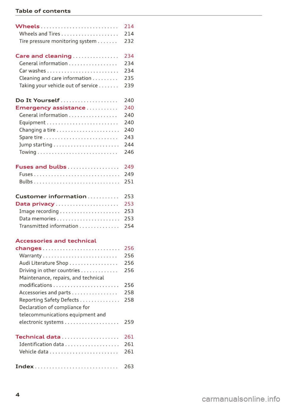 AUDI Q3 2020  Owners Manual Table of contents 
  
    
214  214 
232 
Care and cleaning................ 234 
Generalinformation..............00. 234 
Carwashes « seis « s wwon 2s ewe eo meee oo 234 
Cleaning and care informati