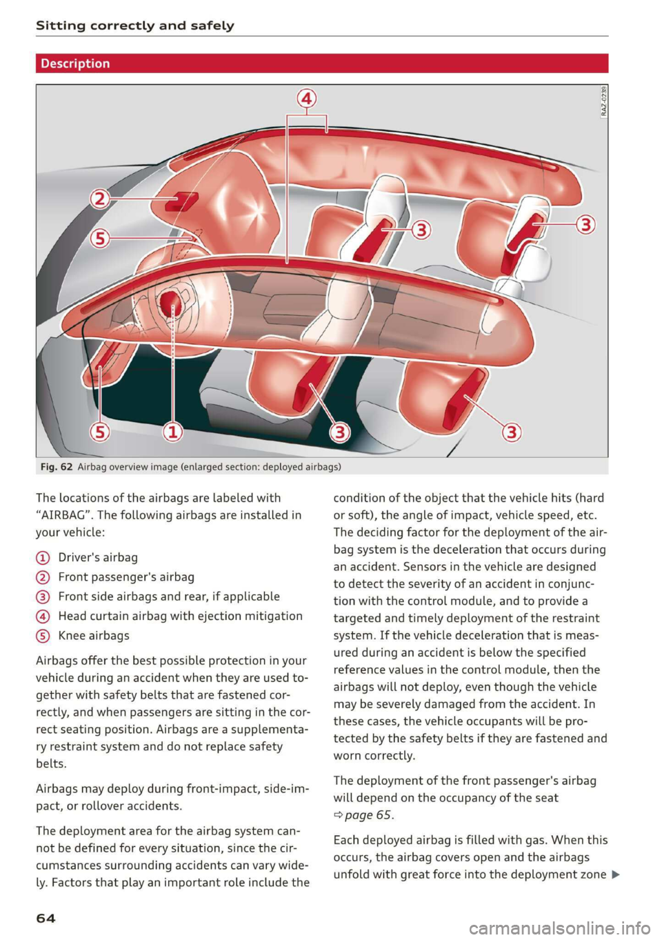 AUDI Q3 2020 Repair Manual Sitting correctly and safely
Description
RAZ-0239
Fig. 62 Airbag overview image (enlarged section: deployed airbags)
The locations of the airbags are labeled with
“AIRBAG AUDI Q3 2020 Repair Manual Sitting correctly and safely
Description
RAZ-0239
Fig. 62 Airbag overview image (enlarged section: deployed airbags)
The locations of the airbags are labeled with
“AIRBAG