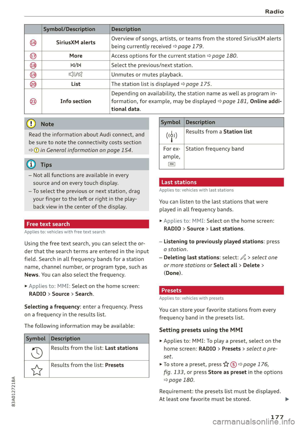 AUDI Q3 2019  Owners Manual 83A012721BA 
Radio 
  
  
Symbol/Description Description 
  
SiriusXM alerts 
Overview of songs, artists, or teams from the stored SiriusXM alerts 
being currently received > page 179. 
           
Mo