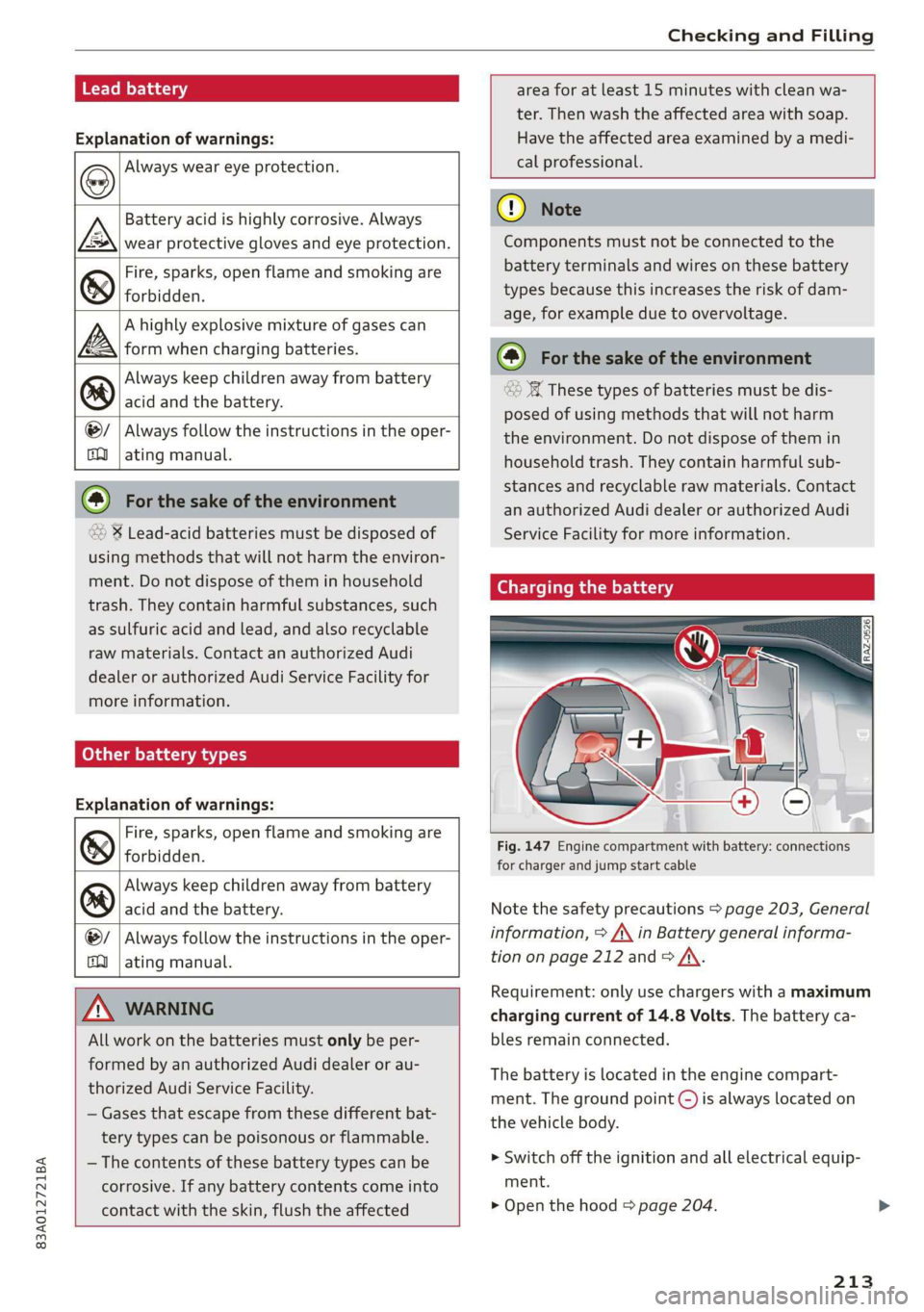 AUDI Q3 2019  Owners Manual 83A012721BA 
Checking and Filling 
  
Lead battery 
Explanation of warnings: 
Always wear eye protection. 
Battery acid is highly corrosive. Always 
wear protective gloves and eye protection. 
Fire, s