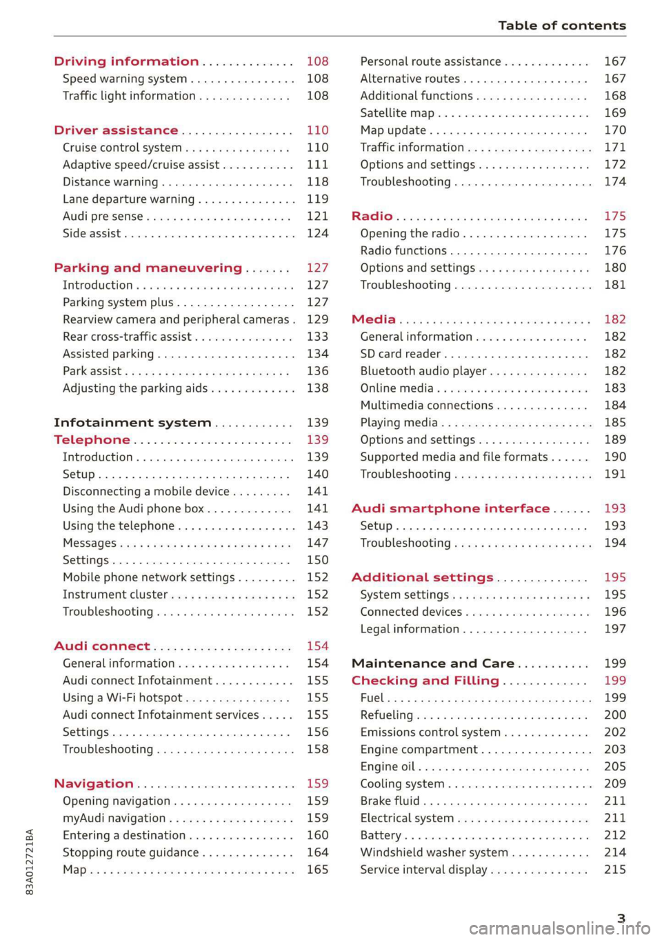 AUDI Q3 2019  Owners Manual 83A012721BA 
Table of contents 
  
  
Driving information.............. 108 
Speed warning system.........-..000- 108 
Traffic light information.............. 108 
Driver assistance................. 1