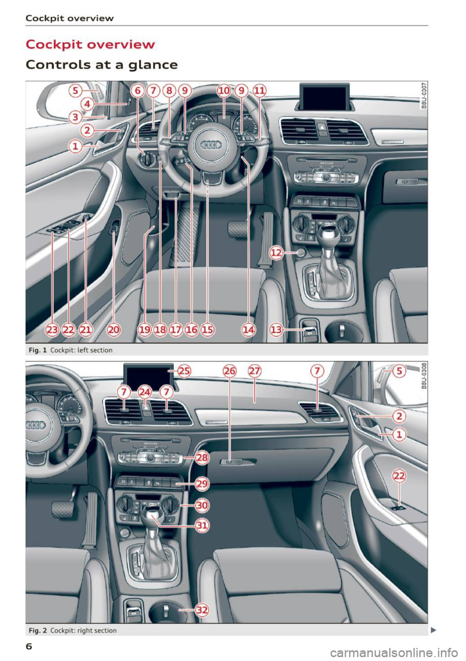 AUDI Q3 2018 Owners Manual Cockpit overview
Cockpit overview
Controls at a glance
Fig. 1 Cockpit : left section
F ig. 2 Cockpit: rig ht sect ion
6
---
i ~
-· i ---
t -· • ., AUDI Q3 2018 Owners Manual Cockpit overview
Cockpit overview
Controls at a glance
Fig. 1 Cockpit : left section
F ig. 2 Cockpit: rig ht sect ion
6
---
i ~
-· i ---
t -· • .,