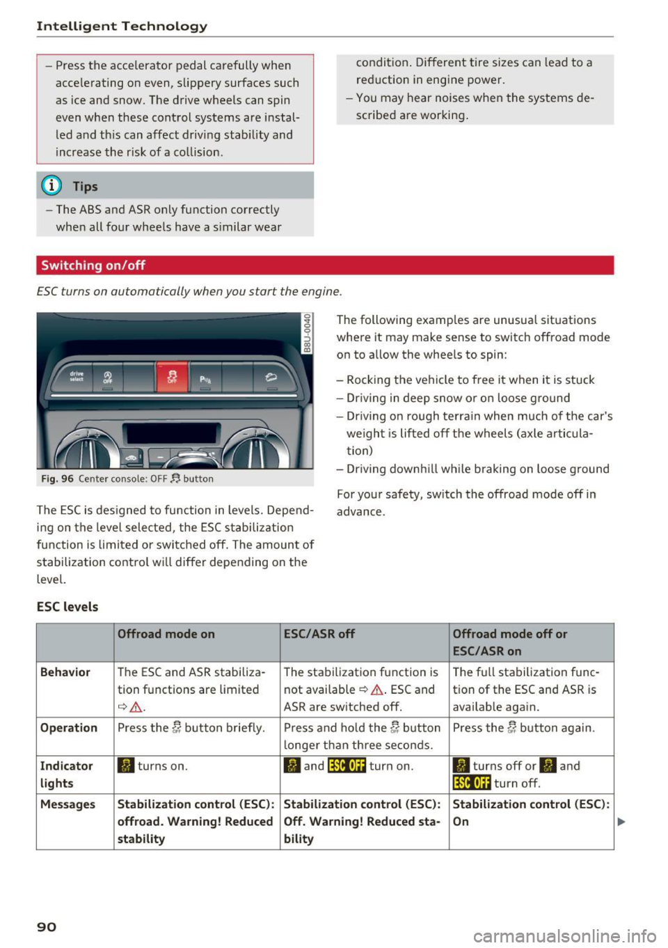 AUDI Q3 2018 Owners Manual Intelligent Technology
-Press the accelerator pedal carefully when
accelerating on even, slippery surfaces such
as ice and snow. The drive wheels can spin
even when these contro AUDI Q3 2018 Owners Manual Intelligent Technology
-Press the accelerator pedal carefully when
accelerating on even, slippery surfaces such
as ice and snow. The drive wheels can spin
even when these contro
