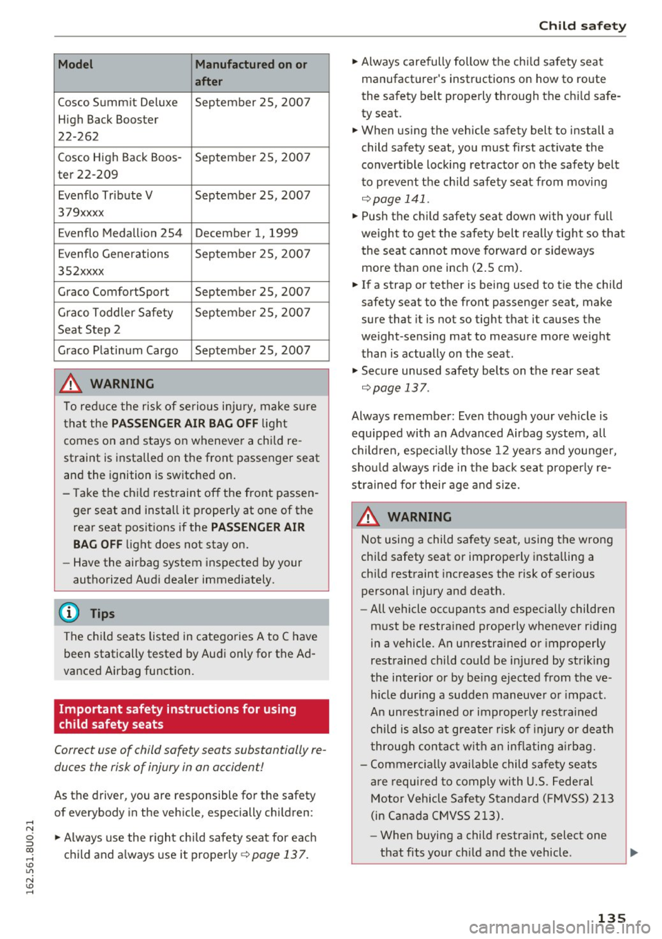 AUDI Q3 2016  Owners Manual Model Manufactured on or 
after 
Cosco  Summit  Deluxe  September  25,  2007 
High  Back Booster 
22-262 
Cosco  High  Back Boos -
September  25,  200 7 
ter  22-209 
Evenflo  Tr ibute  V  September  