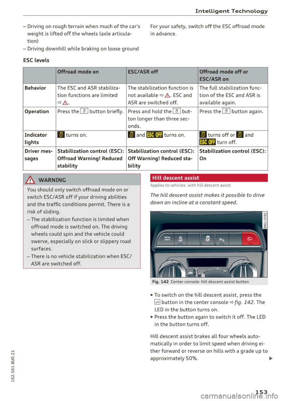 AUDI Q3 2016  Owners Manual .... N 
c:i ::J CX) 
.... I.Cl U"I 
N I.Cl ...... 
- Driving  on  rough  terrain  when  much  of  the  cars weight  is lifted  off  the  wheels  (axle  articu la­
t ion) 
- Driving  downhill  whi le