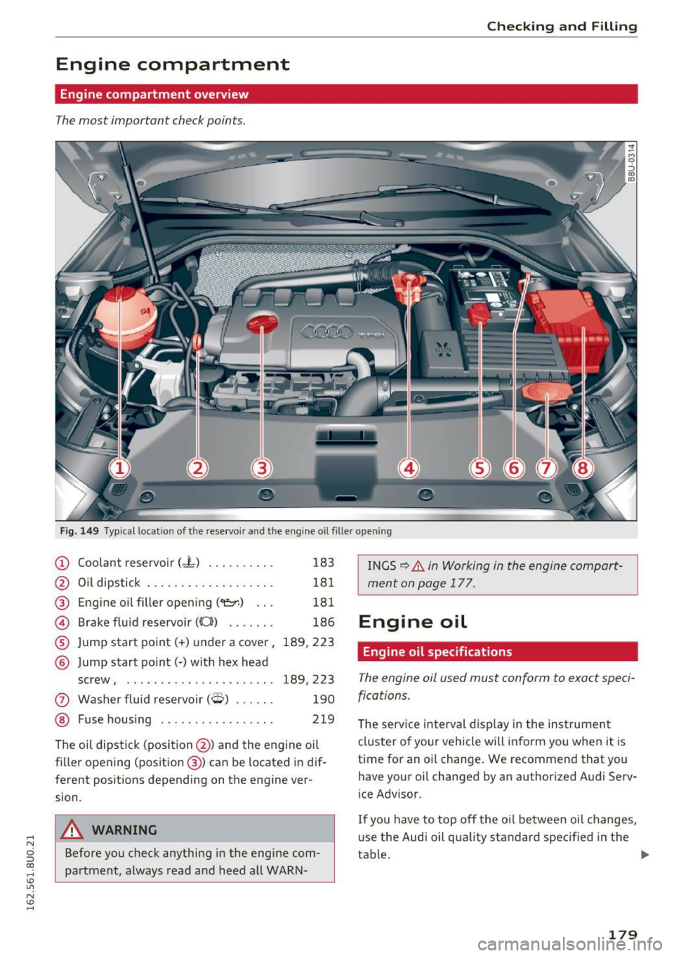 AUDI Q3 2016  Owners Manual .... N 
c:i ::J CX) 
.... I.Cl U"I 
N I.Cl ...... 
Checking  and Filling 
Engine  compartment 
Engine compartment  overview 
The most  important  check points. 
Fig. 149 Typical location  of the reser