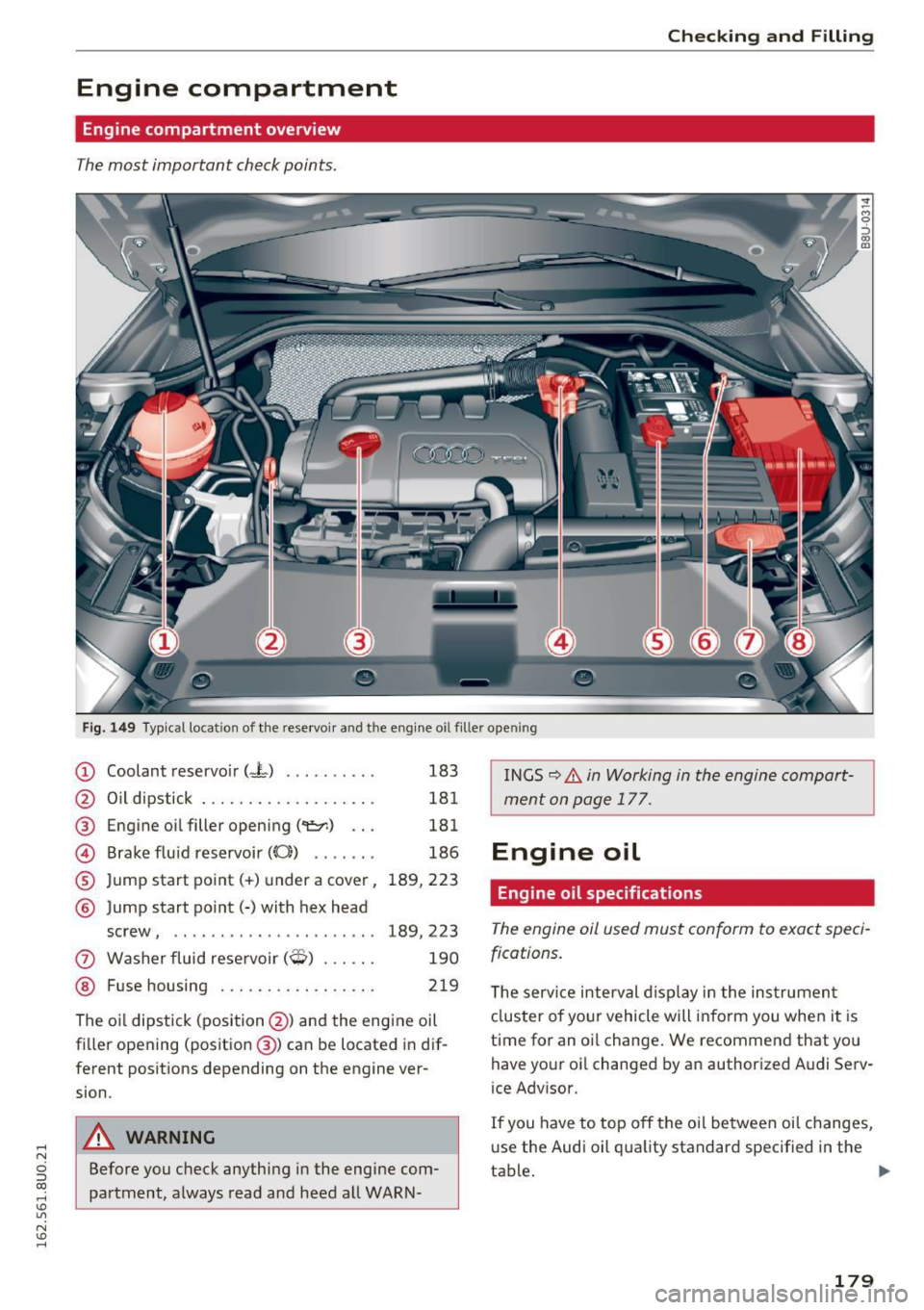 AUDI Q3 2016 Owners Manual .... N
c:i ::J CX)
.... I.Cl U"I
N I.Cl ......
Checking and Filling
Engine compartment
Engine compartment overview
The most important check points.
Fig. 149 Typical location of the reser AUDI Q3 2016 Owners Manual .... N
c:i ::J CX)
.... I.Cl U"I
N I.Cl ......
Checking and Filling
Engine compartment
Engine compartment overview
The most important check points.
Fig. 149 Typical location of the reser