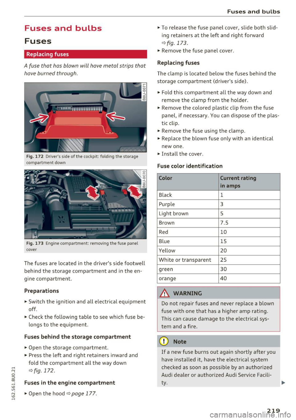 AUDI Q3 2016 Owners Manual .... N
c:i ::J CX)
.... I.Cl U"I
N I.Cl ......
Fuses and bulbs
Fuses
Replacing fuses
A fuse that has blown will have metal strips that
have burned through .
Fig. 172 Drivers side AUDI Q3 2016 Owners Manual .... N
c:i ::J CX)
.... I.Cl U"I
N I.Cl ......
Fuses and bulbs
Fuses
Replacing fuses
A fuse that has blown will have metal strips that
have burned through .
Fig. 172 Drivers side