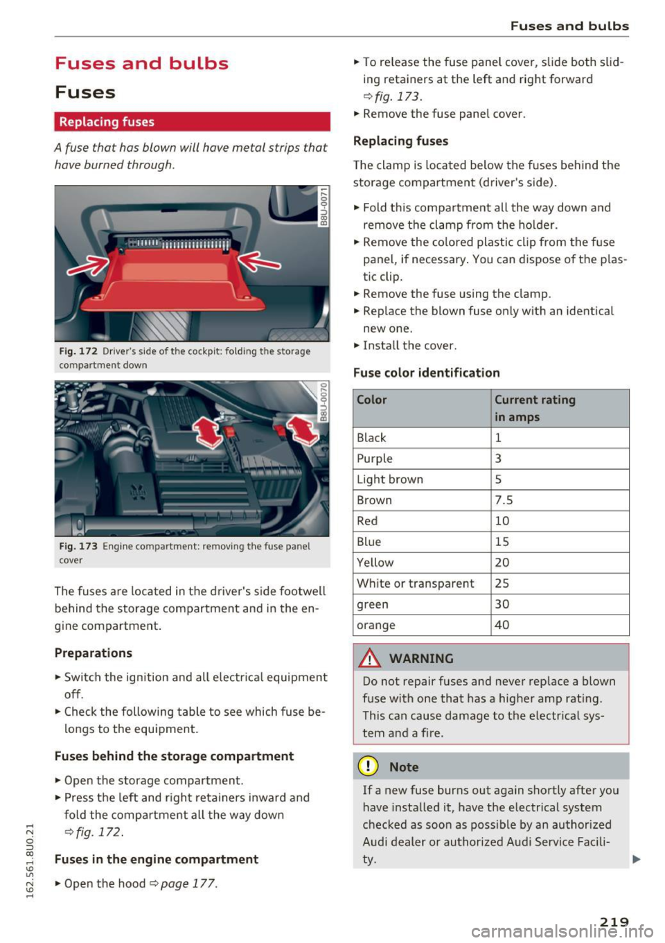 AUDI Q3 2016  Owners Manual .... N 
c:i ::J CX) 
.... I.Cl U"I 
N I.Cl ...... 
Fuses  and  bulbs 
Fuses 
Replacing  fuses 
A fuse  that  has  blown  will have metal  strips  that 
have burned  through . 
Fig. 172 Drivers side  