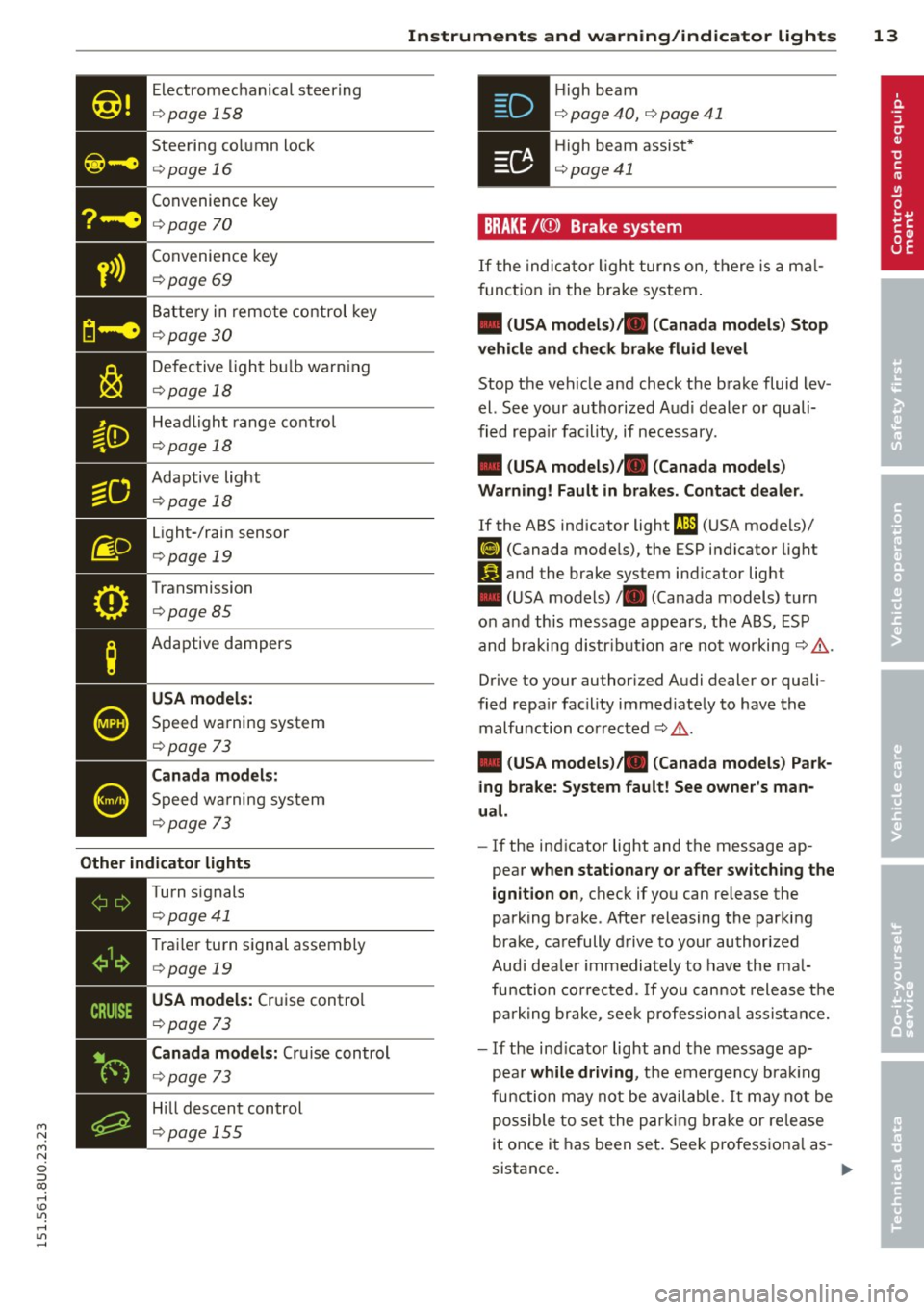 AUDI Q3 2015 Owners Manual M N
M N
0 ::i co ,...., \!) 1.11 ,...., 1.11 ,....,
Electromechanical steering
¢page 158
Steering column lock
¢page 16
Convenience key
¢page 70
• Convenience
key ¢page 69
Bat AUDI Q3 2015 Owners Manual M N
M N
0 ::i co ,...., \!) 1.11 ,...., 1.11 ,....,
Electromechanical steering
¢page 158
Steering column lock
¢page 16
Convenience key
¢page 70
• Convenience
key ¢page 69
Bat