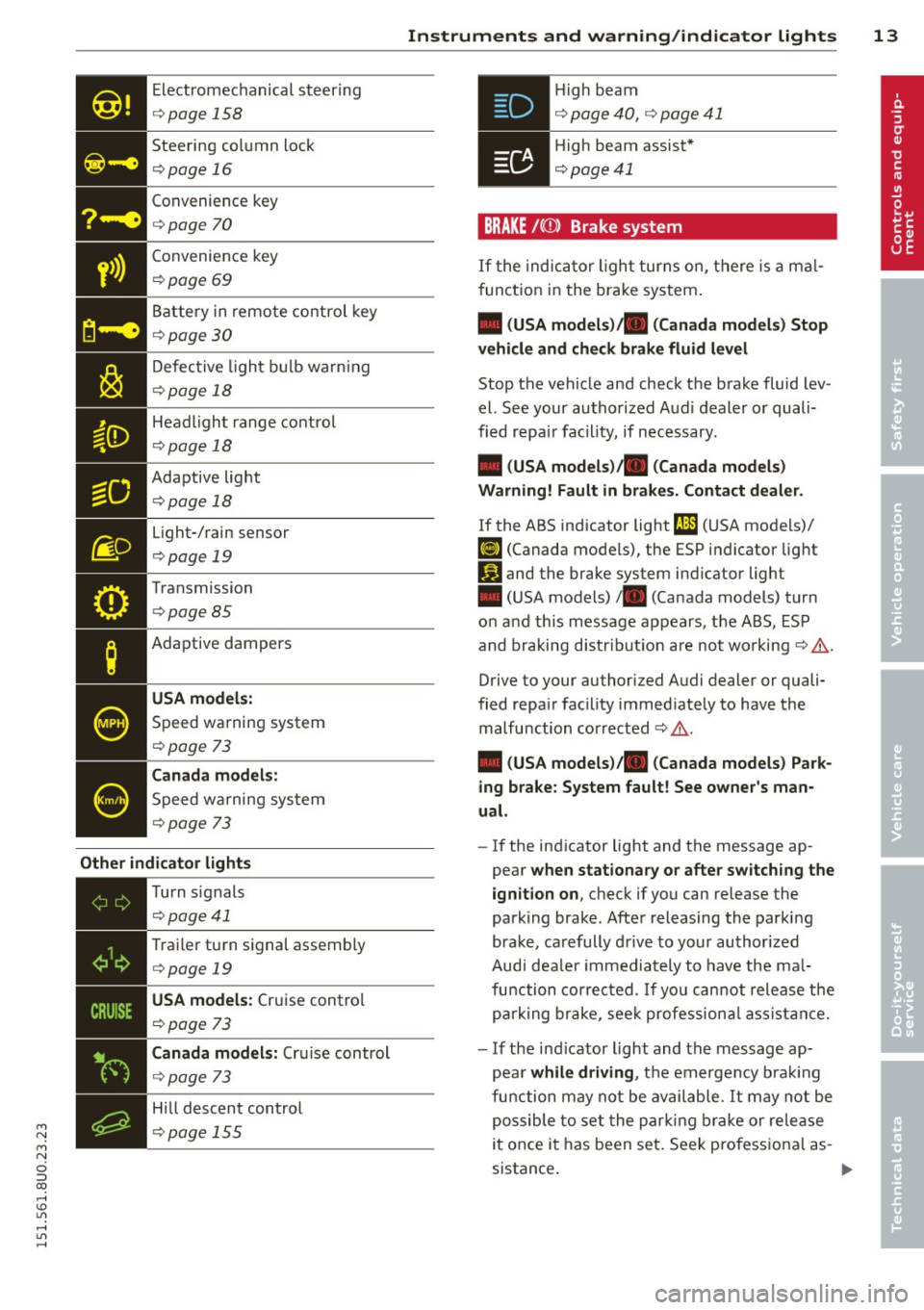 AUDI Q3 2015  Owners Manual M N 
M N 
0 ::i co ,...., \!) 1.11 ,...., 1.11 ,...., 
Electromechanical steering 
¢page  158 
Steering  column  lock 
¢page  16 
Convenience  key 
¢page  70 
•  Convenience 
key ¢page 69 
Bat