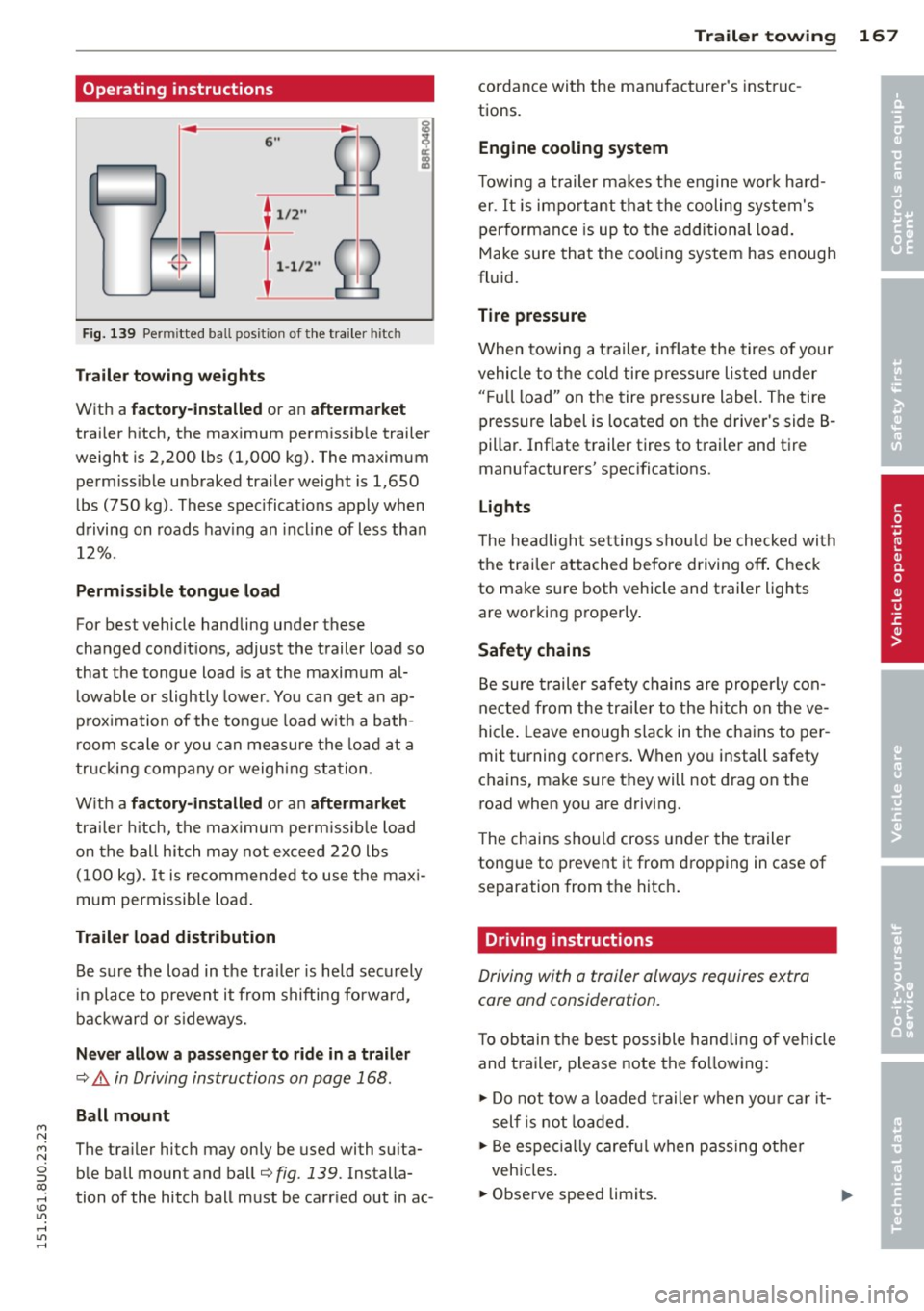 AUDI Q3 2015 Owners Manual M N
M N
0 ::i co ,...., \!) ..,.,
,...., ..,., ,....,
Operating instructions
6"
~ ~
I 1,2 ..
-{ }
l::_
-
2
Fig. 139 Permit ted ball position of the trailer hitch
Trailer towing weigh AUDI Q3 2015 Owners Manual M N
M N
0 ::i co ,...., \!) ..,.,
,...., ..,., ,....,
Operating instructions
6"
~ ~
I 1,2 ..
-{ }
l::_
-
2
Fig. 139 Permit ted ball position of the trailer hitch
Trailer towing weigh