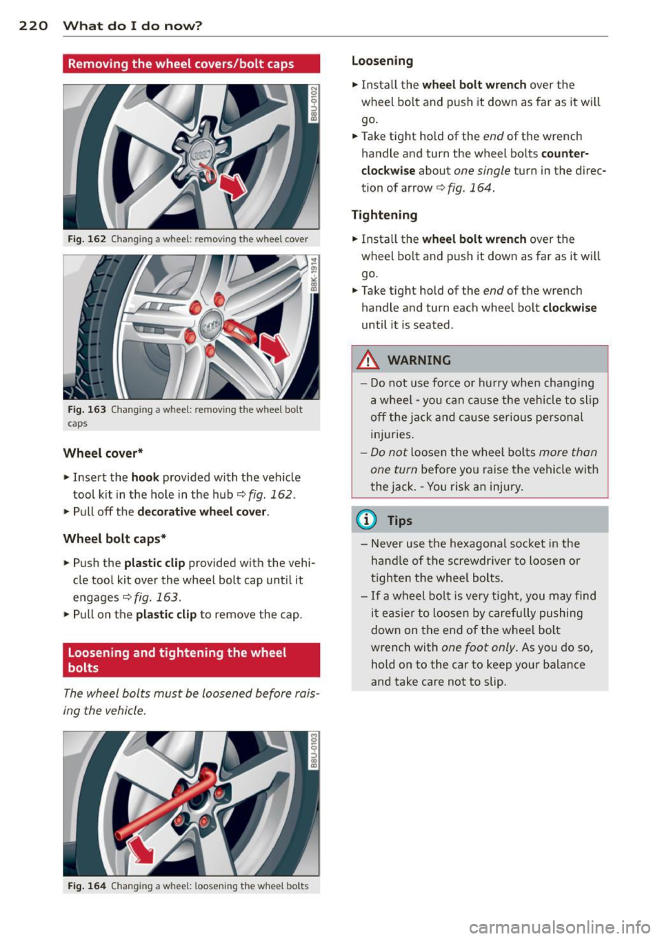 AUDI Q3 2015 Owners Manual 220 What do I do now?
Removing the wheel covers/bolt caps
Fig. 162 Cha ng in g a w hee l: re mov ing the w heel cover
Fig. 163 Chan gin g a w hee l: re mov ing the w heel bo lt
c aps
AUDI Q3 2015 Owners Manual 220 What do I do now?
Removing the wheel covers/bolt caps
Fig. 162 Cha ng in g a w hee l: re mov ing the w heel cover
Fig. 163 Chan gin g a w hee l: re mov ing the w heel bo lt
c aps