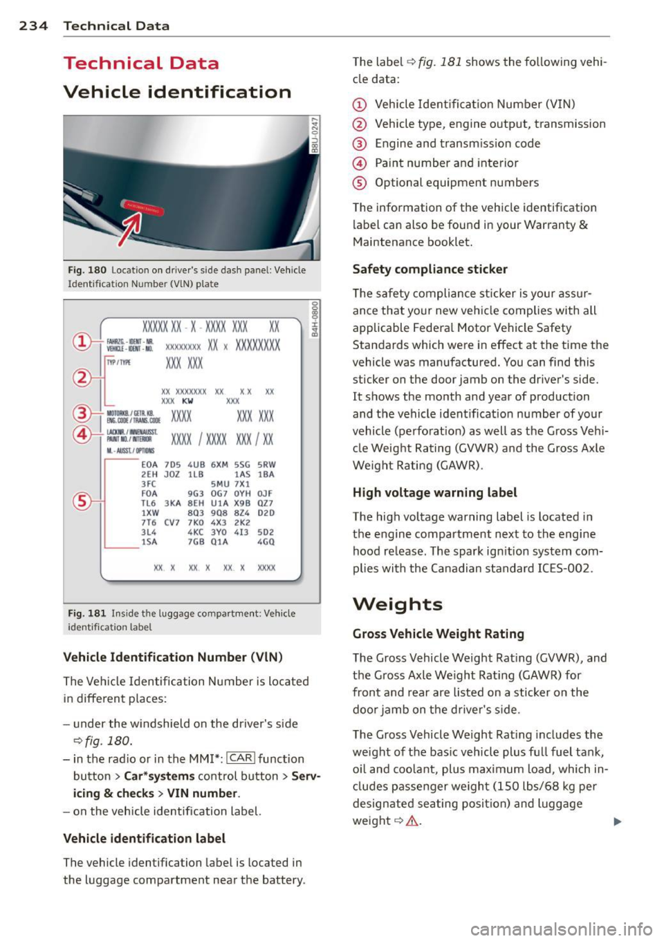 AUDI Q3 2015  Owners Manual 234  Technical  Data 
Technical  Data 
Vehicle  identification 
Fig . 180 Location  on  driver s  s ide  dash  pane l: Vehicle 
Identifica tion  Numbe r (V IN) p la te 
XXXXX XX  · X  -XXXX XXX xx 
