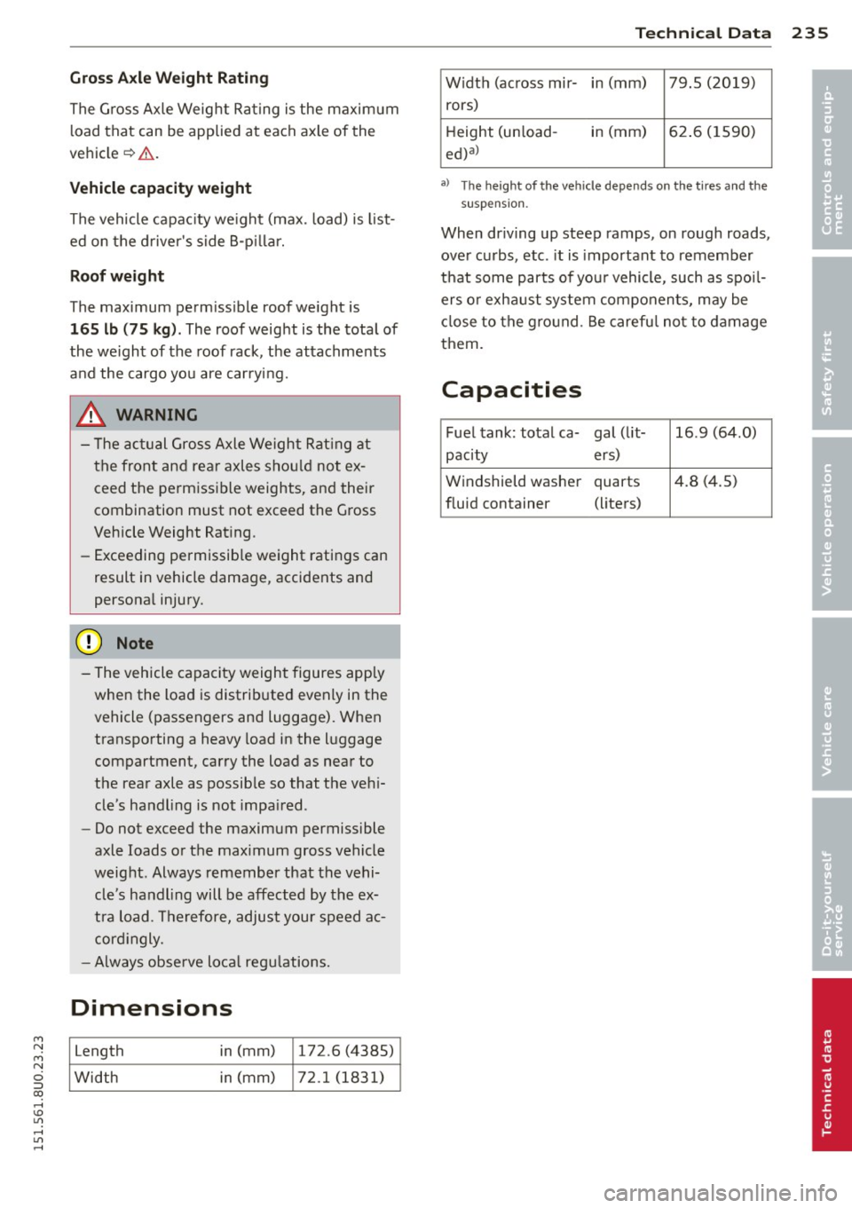 AUDI Q3 2015  Owners Manual M N 
M N 
0 ::i co ,...., \!) 1.11 ,...., 1.11 ,...., 
Gross Axle  We ight  Rating 
The G ross Axle Weight  Rating  is the  maxim um 
l oad that  can be applied  at  each axle of  the 
vehicle 
c::>