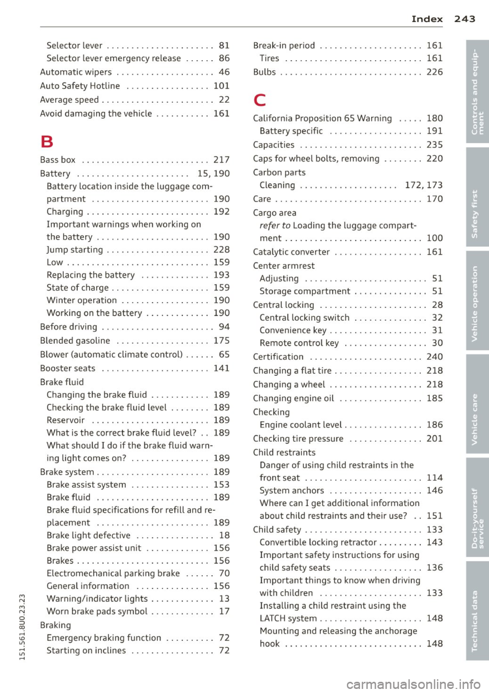 AUDI Q3 2015 Owners Manual M N
M N
0 ::i co ,...., \!) ..,.,
,...., ..,., ,....,
Selector lever ...................... 81
Selector lever emergency release . . . . . . 86
Automatic wipers .......... .... .. .... AUDI Q3 2015 Owners Manual M N
M N
0 ::i co ,...., \!) ..,.,
,...., ..,., ,....,
Selector lever ...................... 81
Selector lever emergency release . . . . . . 86
Automatic wipers .......... .... .. ....