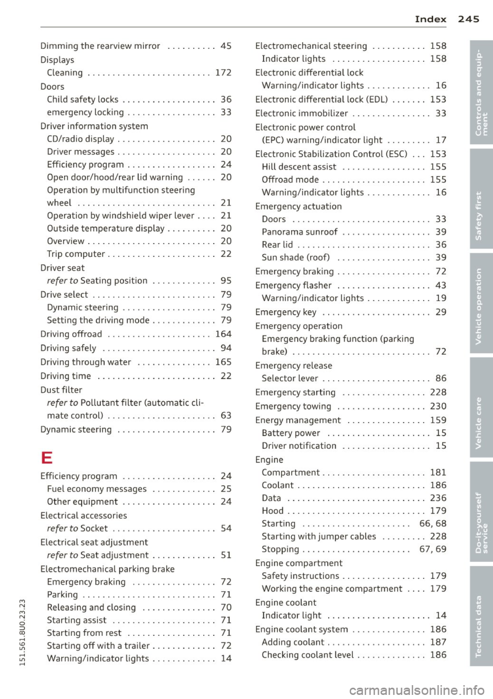 AUDI Q3 2015 Owners Manual M N
M N
0 ::i co ,...., \!) 1.11 ,...., 1.11 ,....,
Dimming the rearview mirro r .. .. .. .. .. 45
Displays Cleaning . .. ............. .... .. ... 172
Doors Ch ild safety locks .. . AUDI Q3 2015 Owners Manual M N
M N
0 ::i co ,...., \!) 1.11 ,...., 1.11 ,....,
Dimming the rearview mirro r .. .. .. .. .. 45
Displays Cleaning . .. ............. .... .. ... 172
Doors Ch ild safety locks .. .