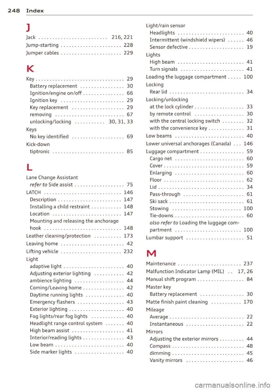 AUDI Q3 2015 Owners Manual 248 Index
l
Jack . . . . . . . . . . . . . . . . . . . . . . . . . 216, 221
Jump-starting ... ... ... .... .. .. .. .. . 228
Jumper cables ............. .. .. .. ... 229
K
Key ..... AUDI Q3 2015 Owners Manual 248 Index
l
Jack . . . . . . . . . . . . . . . . . . . . . . . . . 216, 221
Jump-starting ... ... ... .... .. .. .. .. . 228
Jumper cables ............. .. .. .. ... 229
K
Key .....