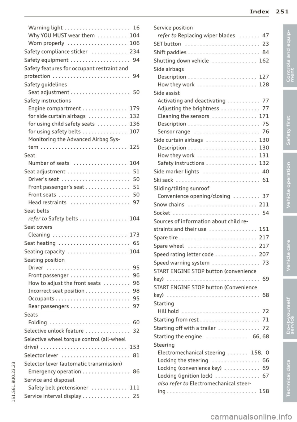 AUDI Q3 2015  Owners Manual M N 
M N 
0 ::i co ,...., \!) 1.11 ,...., 1.11 ,...., 
Warning  light  ..... .... ... .. .. .. ....  16 
WhyYOU  MUSTwearthem  ... .. .. .. .  104 
Worn  properly  .  . . . . . . . . .  . . .  . .  