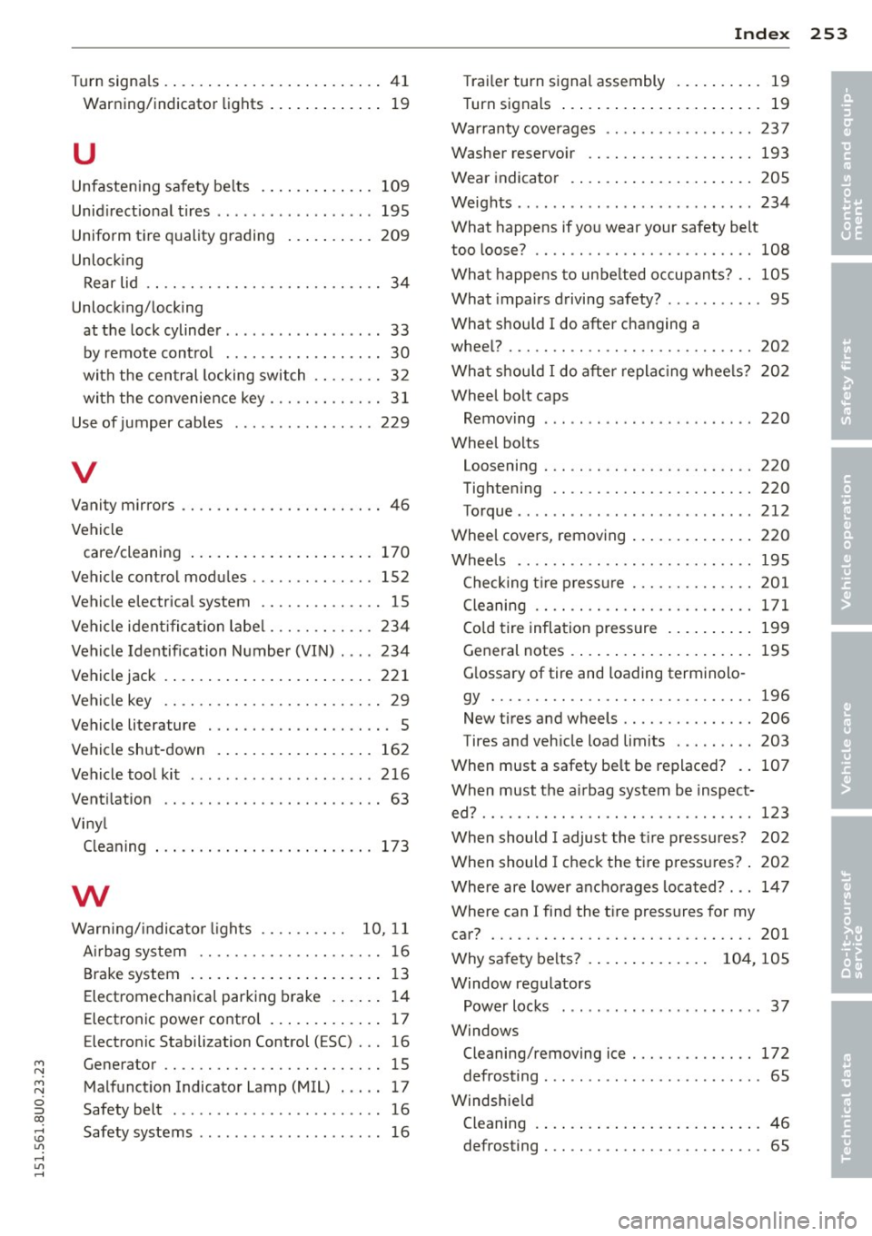 AUDI Q3 2015  Owners Manual M N 
M N 
0 ::i co ,...., \!) 1.1"1 ,...., 1.1"1 ,...., 
_______________________________ I~ n~ d:::: e~x  253 
Turn signa ls . ... .... .... ... .. .. .. ....  41 
Warning/indicator  lights  ... .. ..