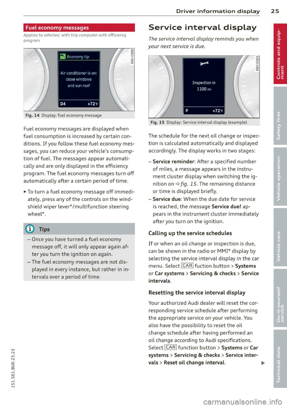 AUDI Q3 2015 Owners Manual M N M N 
0 ::i co 
rl I.O 
" rl 
" rl 
Fuel  economy  messages 
App lies  to vehicles: with  trip  computer  w it h  eff ic iency 
p rogram 
Fig . 14 Display: fuel  economy message 
Fue l economy  m