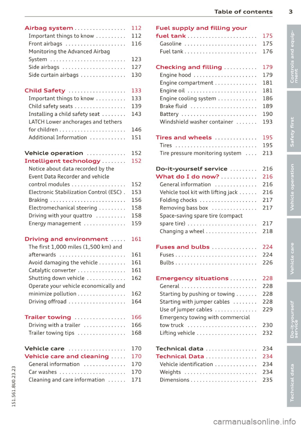 AUDI Q3 2015  Owners Manual M N 
M N 
0 ::i co ,...., \!) 1.11 ,...., 1.11 ,...., 
Airbag system ............ ... .. 112 
Important  things  to  know  .  . . .  . .  . .  . .  112 
Front  airbags  ....................  116 
Mo