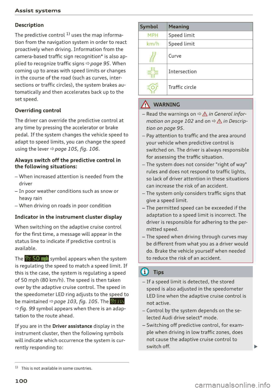 AUDI Q5 2019 Owners Manual Assistsystems
Description
Thepredictivecontrolusesthemapinforma-
tionfromthenavigationsysteminordertoreact
proactivelywhendriving.Informationfromthe
camera-basedtrafficsignrecognition*isalsoap-
plie AUDI Q5 2019 Owners Manual Assistsystems
Description
Thepredictivecontrolusesthemapinforma-
tionfromthenavigationsysteminordertoreact
proactivelywhendriving.Informationfromthe
camera-basedtrafficsignrecognition*isalsoap-
plie