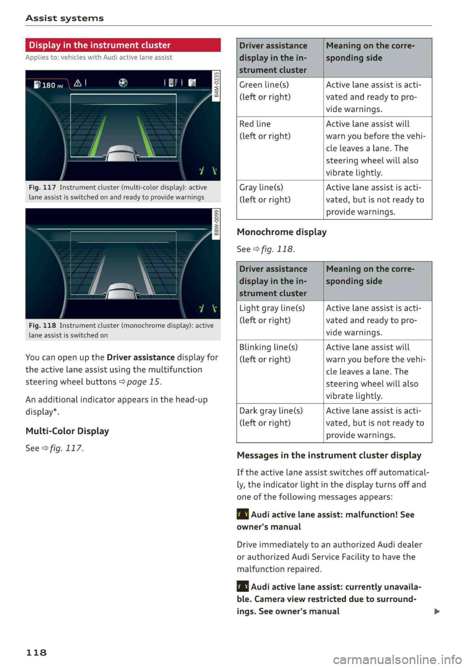 AUDI Q5 2019 Owners Manual Assistsystems
Displayintheinstrumentcluster
Appliesto:vehicleswithAudiactivelaneassist
wmaq 9
=+a
Fig.117Instrumentcluster(multi-colordisplay):active
laneassistisswitched onandreadytoprovidewarnin AUDI Q5 2019 Owners Manual Assistsystems
Displayintheinstrumentcluster
Appliesto:vehicleswithAudiactivelaneassist
wmaq 9
=+a
Fig.117Instrumentcluster(multi-colordisplay):active
laneassistisswitched onandreadytoprovidewarnin