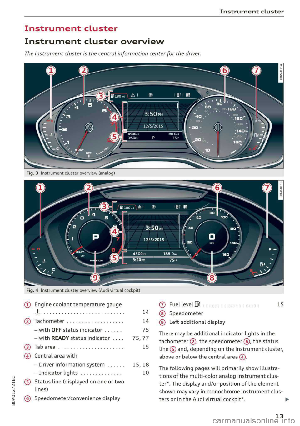 AUDI Q5 2019 User Guide Instrumentcluster
 
Instrumentclusteroverview
Theinstrumentclusteristhecentralinformationcenterforthedriver.
|
sew-0114]
Beolel
12/5/2015
 
B8W-0115. 
e
ERT
aPILYploy
CeufFer
 
Fig.4Instrumentclustero