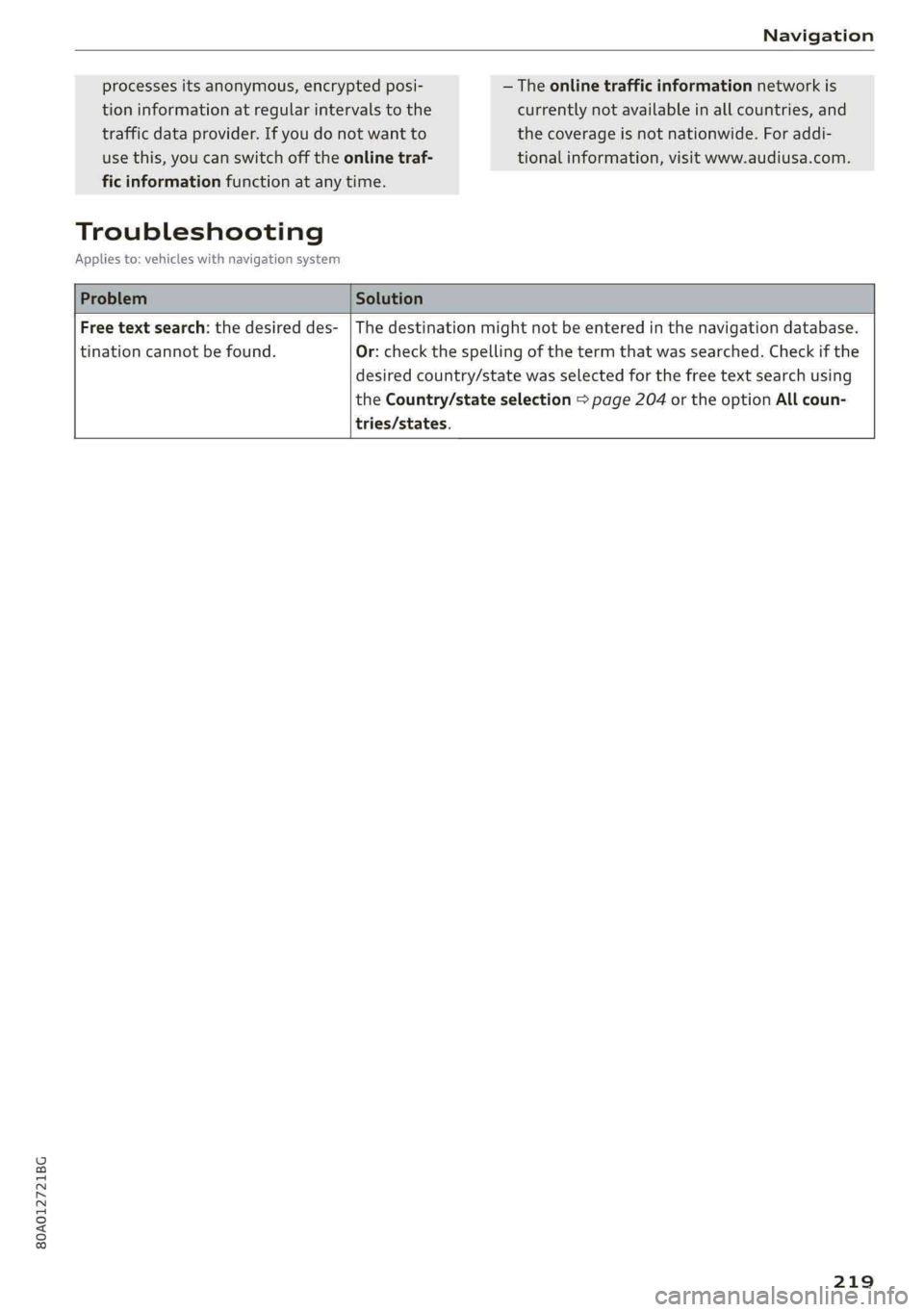 AUDI Q5 2019 Owners Manual 80A012721BG
Navigation
processesitsanonymous,encryptedposi-—Theonlinetrafficinformationnetworkis
tioninformationatregularintervalstothecurrentlynotavailableinallcountries,and
trafficdataprovider.I AUDI Q5 2019 Owners Manual 80A012721BG
Navigation
processesitsanonymous,encryptedposi-—Theonlinetrafficinformationnetworkis
tioninformationatregularintervalstothecurrentlynotavailableinallcountries,and
trafficdataprovider.I