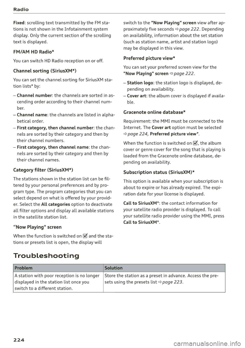 AUDI Q5 2019 Owners Manual Radio
Fixed:scrollingtexttransmittedby theFMsta-
tionsisnotshownintheInfotainmentsystem
display.Onlythecurrentsectionofthescrolling
textisdisplayed.
FM/AMHDRadio*
YoucanswitchHDRadioreceptiononoroff AUDI Q5 2019 Owners Manual Radio
Fixed:scrollingtexttransmittedby theFMsta-
tionsisnotshownintheInfotainmentsystem
display.Onlythecurrentsectionofthescrolling
textisdisplayed.
FM/AMHDRadio*
YoucanswitchHDRadioreceptiononoroff