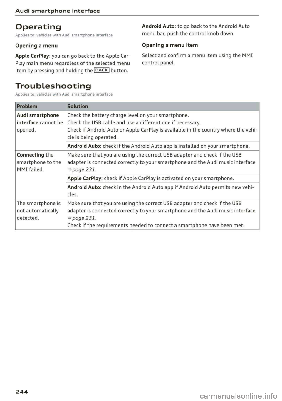 AUDI Q5 2019  Owners Manual Audismartphoneinterface
 
OperatingAndroidAuto:togobacktotheAndroidAuto
Appliesto:vehicleswithAudismartphoneinterfacemenubar,pushthecontrolknob down.
OpeningamenuOpeningamenuitem
AppleCarPlay:youcango