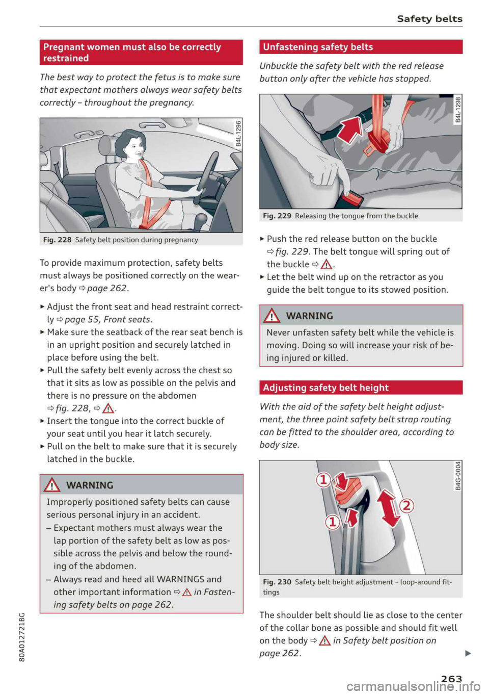 AUDI Q5 2019  Owners Manual 80A012721BG
  
Safetybelts
 
Pregnantwomenmustalsobecorrectly
restrained
Thebestwaytoprotectthefetusistomakesure
thatexpectantmothersalwayswearsafetybelts
correctly-throughoutthepregnancy.
 
B4L-1296 