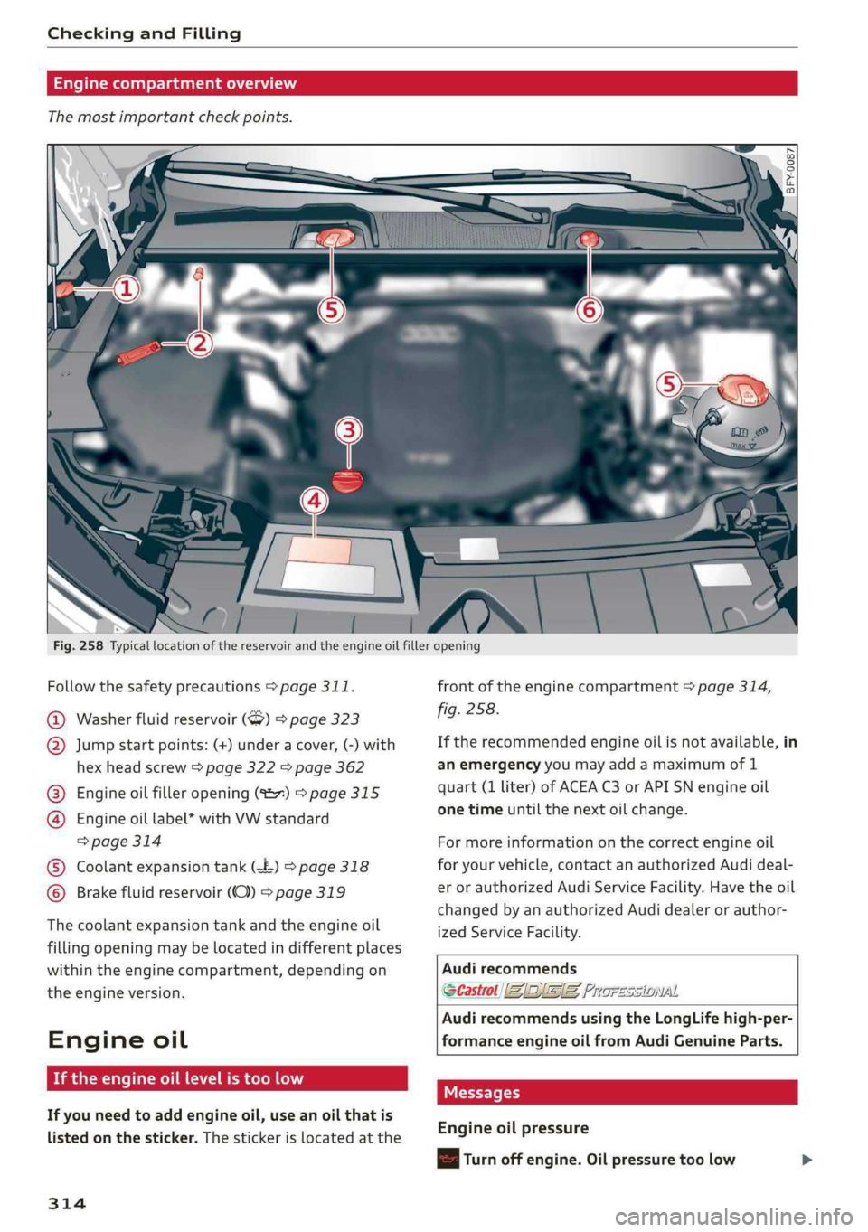 AUDI Q5 2019 Owners Manual CheckingandFilling
wyS
BFY-0087
Fig.258Typicallocationofthereservoirandtheengineoilfilleropening
Followthesafetyprecautions>page311.
Washerfluidreservoir(S)>page323
Jumpstartpoints:(+)un AUDI Q5 2019 Owners Manual CheckingandFilling
wyS
BFY-0087
Fig.258Typicallocationofthereservoirandtheengineoilfilleropening
Followthesafetyprecautions>page311.
Washerfluidreservoir(S)>page323
Jumpstartpoints:(+)un