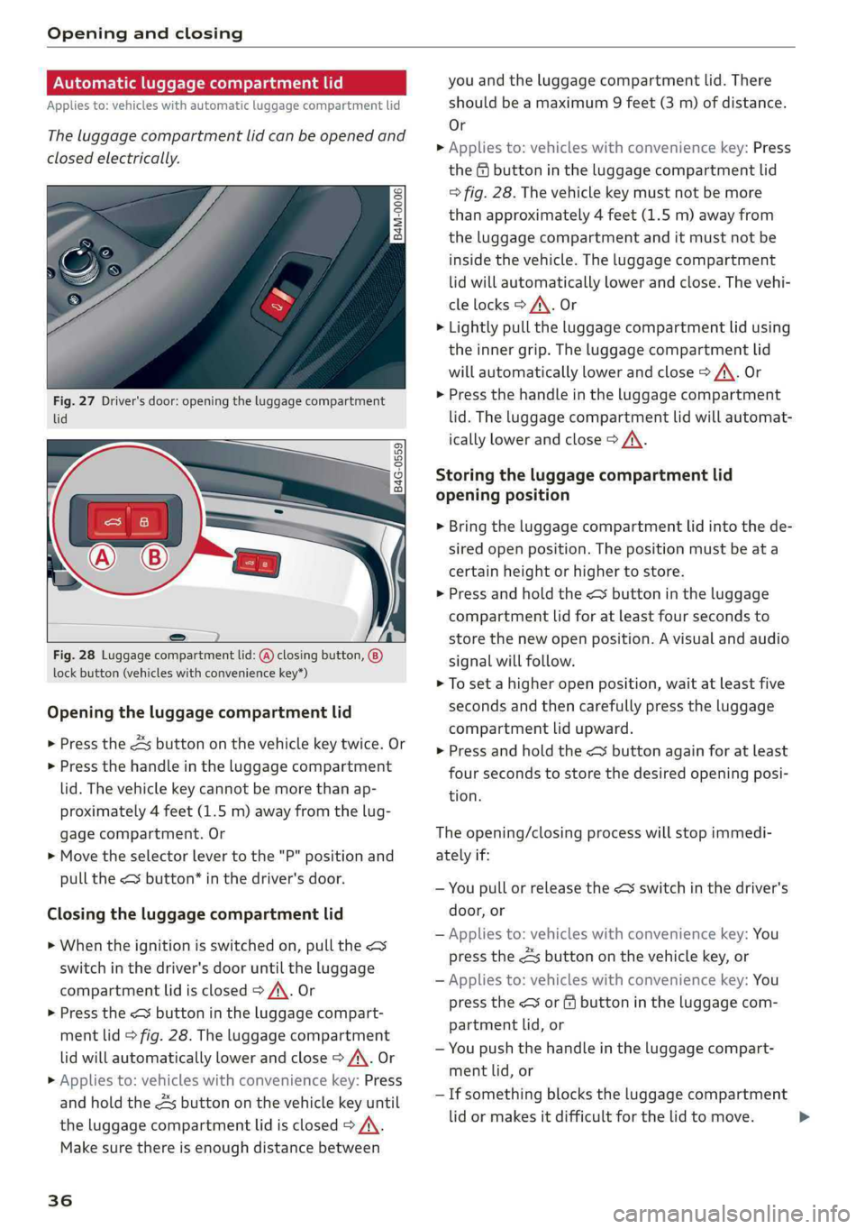 AUDI Q5 2019  Owners Manual Openingandclosing
 
Automaticluggagecompartmentlid
Appliesto:vehicleswithautomaticluggagecompartmentlid
Theluggagecompartmentlidcanbeopenedand
closedelectrically.
 
Fig.27Driver'sdoor:openingthelu