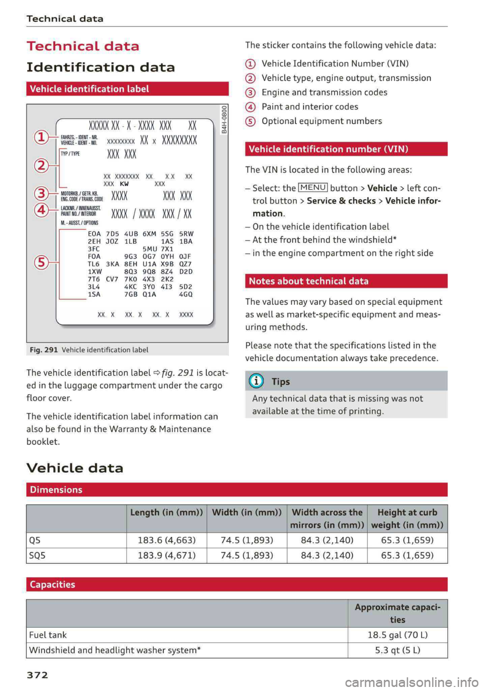 AUDI Q5 2019  Owners Manual Technicaldata
 
TechnicaldataThestickercontainsthefollowingvehicledata:
Identificationdata@®VehicleIdentificationNumber(VIN)
@Vehicletype,engineoutput,transmission
Vehicleidentificationlabel@®Engine