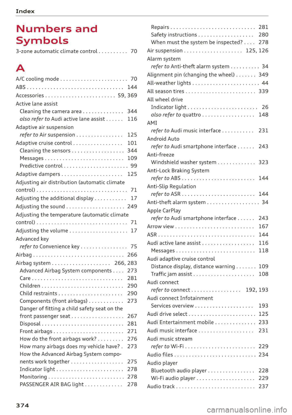 AUDI Q5 2019  Owners Manual Index
 
Numbersand
Symbols
3-zoneautomaticclimatecontrol..........70
A
A/C.coolingMOde.« «wiccwesoareciee6varieve ow70
oe144
ACCESSOTIES«wess =weens ¢HeueE6 xeonss59,369
Activelaneassist
Cleaningt