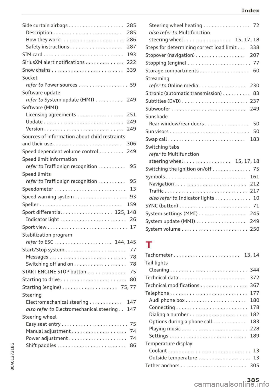 AUDI Q5 2019  Owners Manual 80A012721BG
 
Sidecurtainairbags....................285
Description....... 0.0...cee eeeeeeee285
Howthey’Work:« ¢sewssoseers¢eesgc ee286
Safetyinstructionsi..«sisaeceena 2weve287
SIMIGARGcecnime