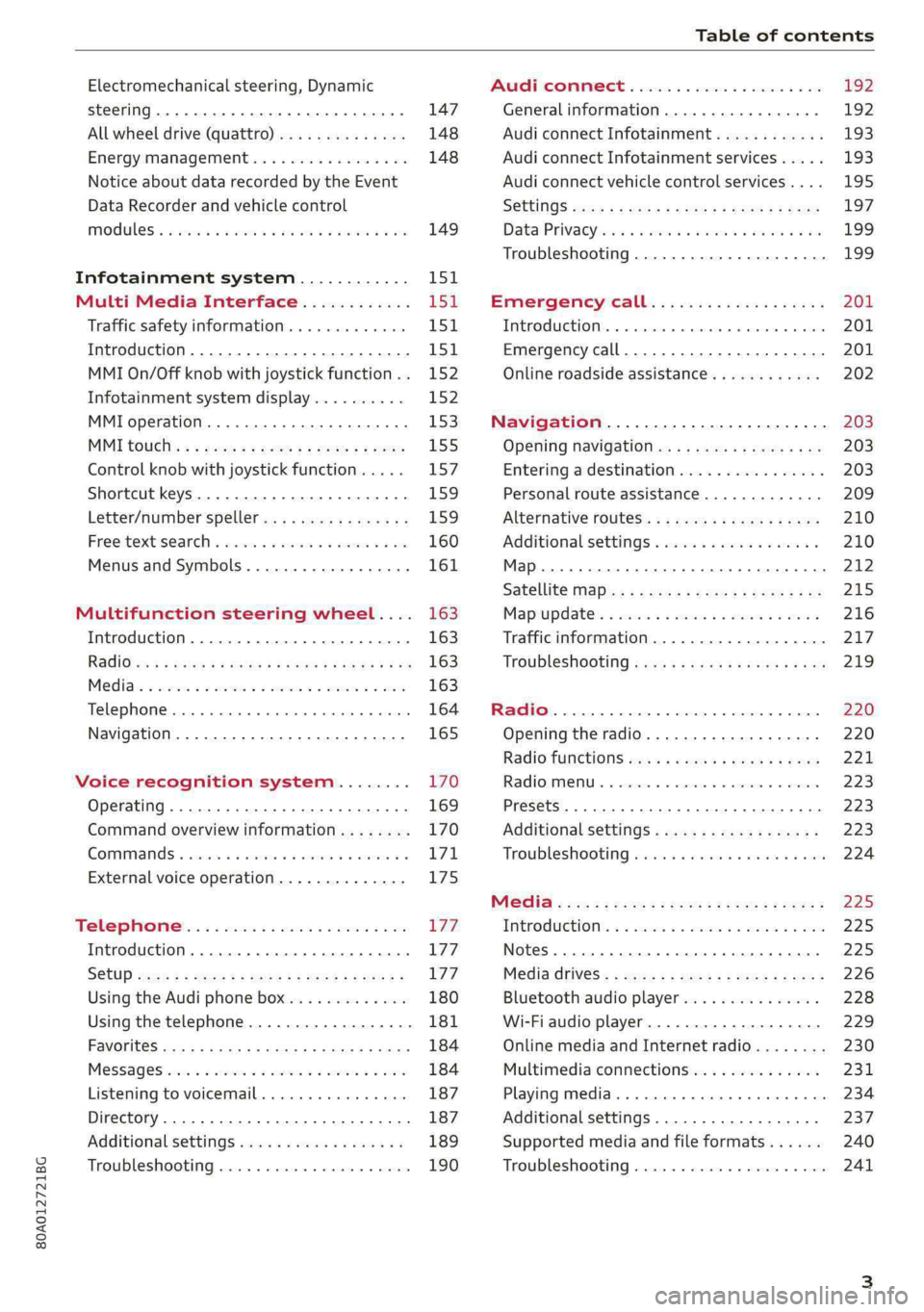 AUDI Q5 2019 Owners Manual 80A012721BG
Tableofcontents
Electromechanicalsteering,Dynamic
steering...6...eeeeeeeeeeee
Allwheeldrive(quattro)..............
Energymanagement.................
Noticeaboutdata recordedbytheEvent
Da AUDI Q5 2019 Owners Manual 80A012721BG
Tableofcontents
Electromechanicalsteering,Dynamic
steering...6...eeeeeeeeeeee
Allwheeldrive(quattro)..............
Energymanagement.................
Noticeaboutdata recordedbytheEvent
Da