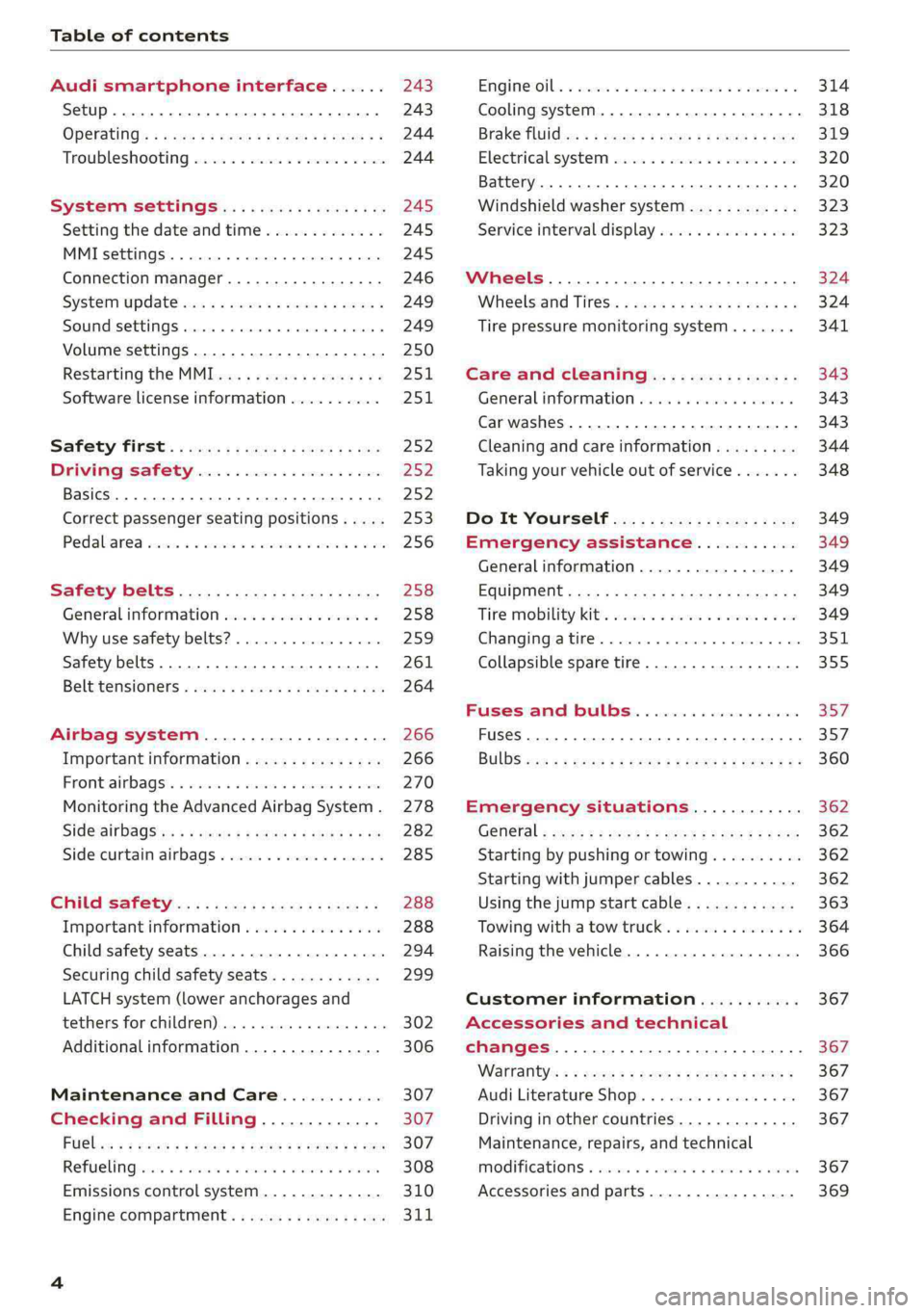 AUDI Q5 2019 Owners Manual Tableofcontents
Audismartphoneinterface......243
Setup...eeececeeeeee243
OPeratintg’s+wasns xmownwsweeBowGe244
Troubleshootingwwe«swwaneeveureaewate244
Systemsettings..................245
Setti AUDI Q5 2019 Owners Manual Tableofcontents
Audismartphoneinterface......243
Setup...eeececeeeeee243
OPeratintg’s+wasns xmownwsweeBowGe244
Troubleshootingwwe«swwaneeveureaewate244
Systemsettings..................245
Setti